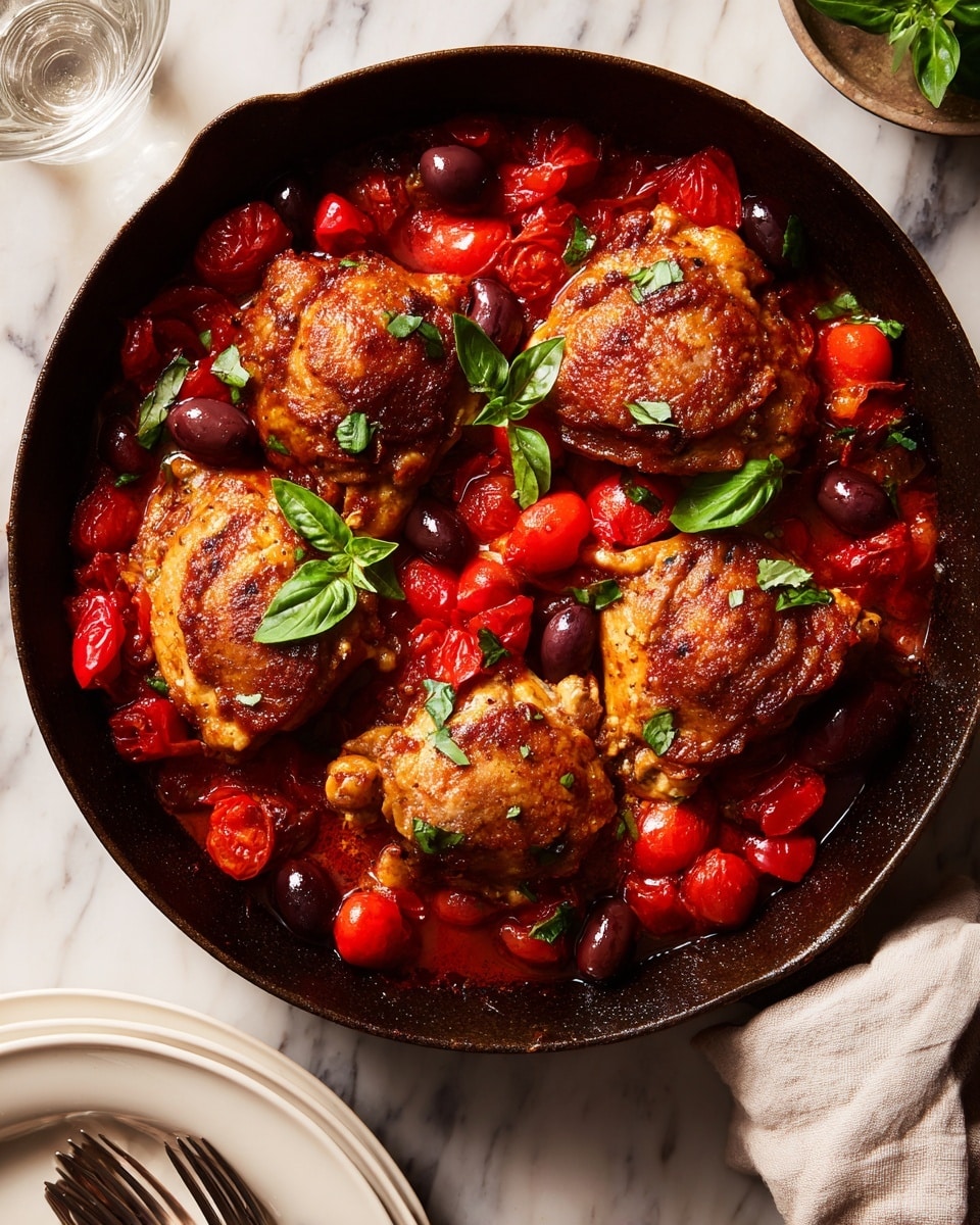 The image shows a black cast iron pan filled with a dish made of four golden-brown cooked pieces of meat, each piece slightly crispy on top and placed evenly in the pan. Around and between the meat, there are many small red tomato halves, some of which are slightly softened and cooked. Scattered black olives and small fresh green basil leaves are spread over the dish, adding color and texture. The pan is set on a white marbled surface, with a stack of white plates and a woman’s hand holding a cloth visible on the right side. The lighting highlights the shiny, moist surface of the food, making it look fresh and tasty. Photo taken with an iphone --ar 4:5 --v 7