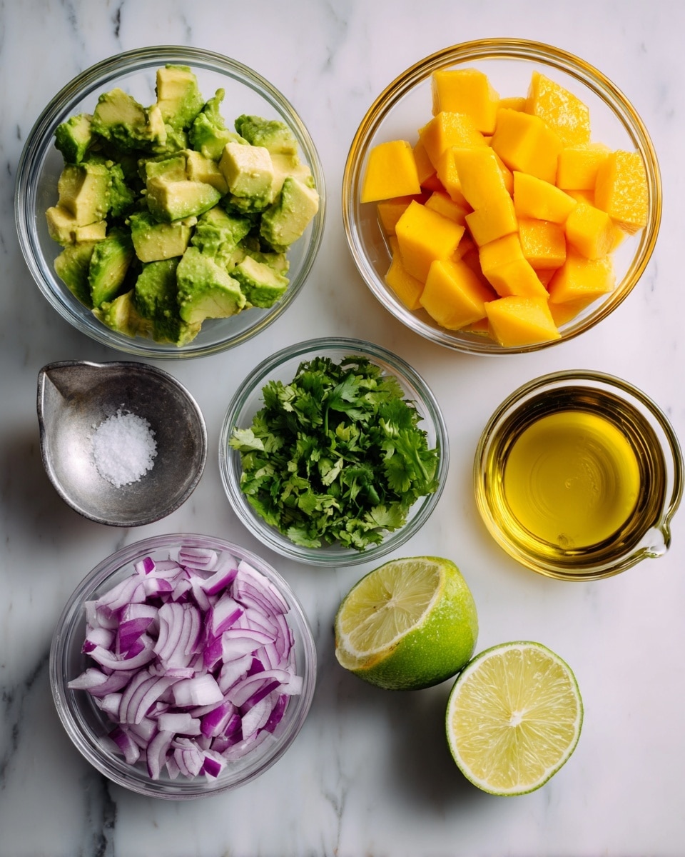 The image shows six small clear glass bowls arranged on a white marbled surface. One bowl contains chopped green avocado pieces with creamy texture. Another bowl holds bright orange mango chunks that look juicy. A third bowl has chopped red onions with white centers and purple edges. There is also a bowl with fresh green chopped cilantro leaves. A small glass bowl with coarse sea salt is visible along with a metal measuring cup filled with olive oil. In the center lies a halved lime showing its pale green juicy inside. The bowls are all neatly placed with varied sizes, creating a colorful and fresh look. Photo taken with an iphone --ar 4:5 --v 7