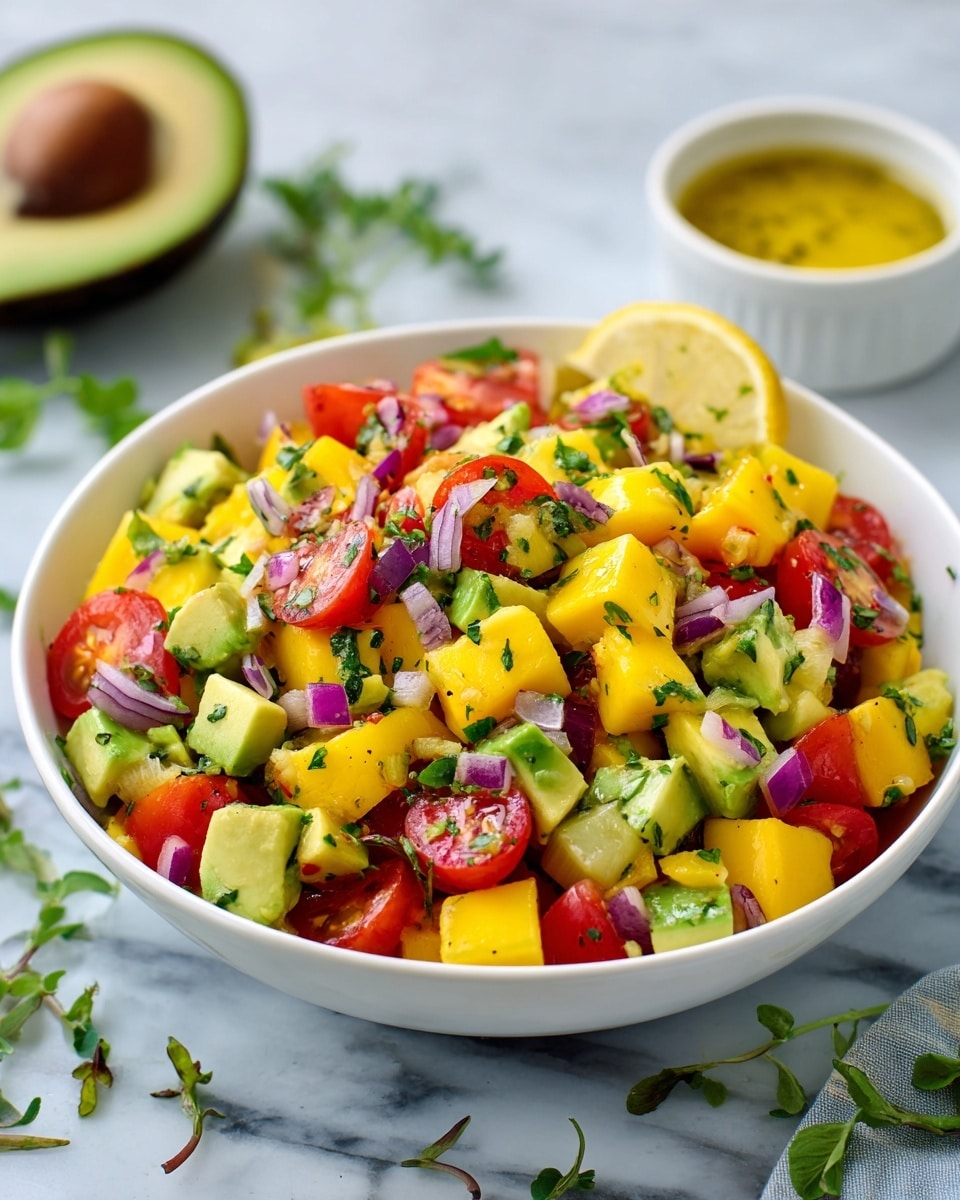 A white bowl filled with a colorful mix of chopped fresh mango pieces in bright yellow, avocado chunks in light green, and halved cherry tomatoes in red, all topped with finely chopped purple red onion and small green herb leaves. A lemon wedge is placed on the rim of the bowl. The bowl sits on a white marbled surface with scattered green herb leaves nearby, and a halved avocado and a small white bowl of yellow sauce are visible in the background. photo taken with an iphone --ar 4:5 --v 7