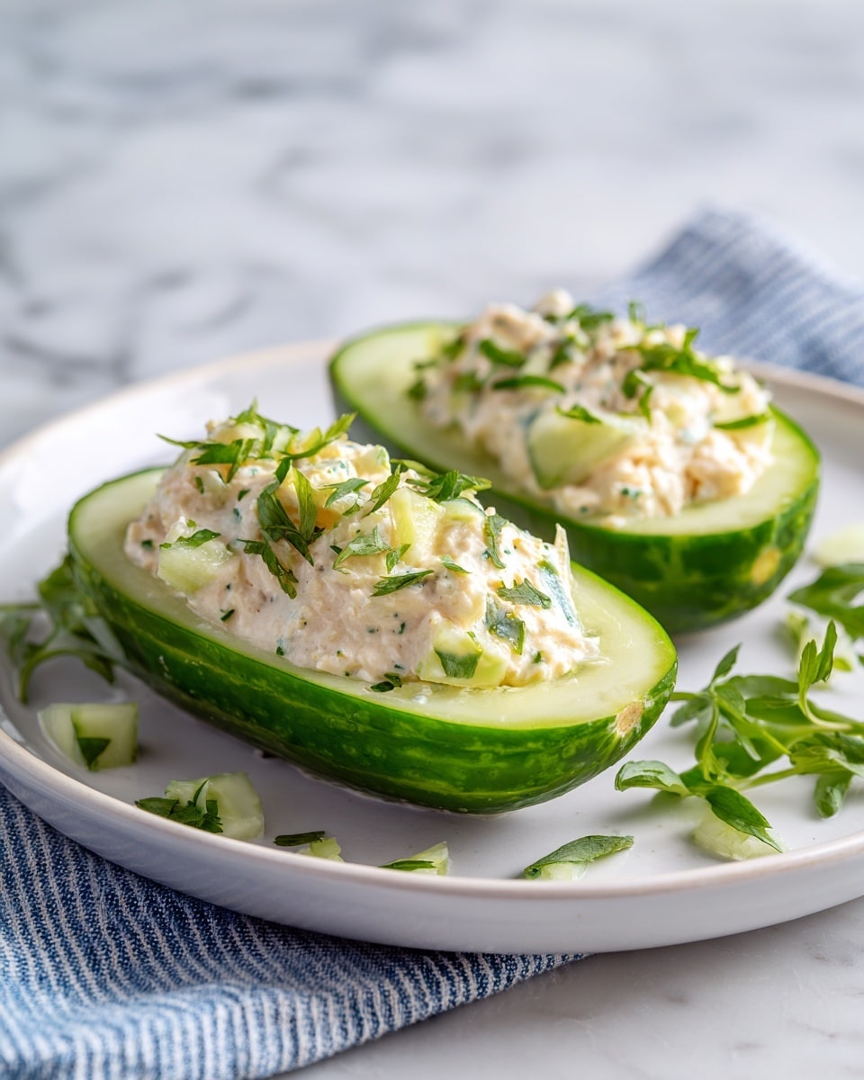 The image shows two cucumber halves placed on a white plate, each filled with a creamy, light beige mixture that contains small bits of green herbs. The cucumber skin is a fresh green color, and the inside is hollowed out to hold the filling. The filling looks smooth with small chopped pieces, and green herb leaves are sprinkled on top and around the plate. The plate is set on a white marbled surface with a folded blue and white striped cloth underneath one side. Photo taken with an iphone --ar 4:5 --v 7