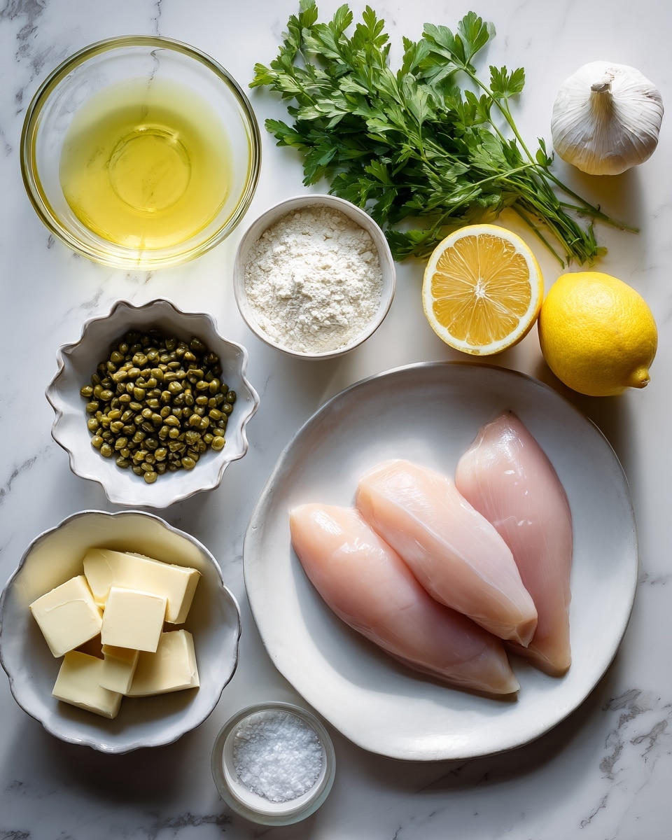 A top view of different cooking ingredients arranged neatly on a white marbled surface, featuring a white plate in the bottom right with three raw pink chicken fillets with smooth texture. Above the plate are two halves of a light yellow lemon with seeds visible inside, a whole bright yellow lemon, and a cluster of green leafy parsley with detailed leaves. To the left, a scalloped white bowl holds greenish capers, below it a small white bowl has three blocks of pale yellow butter. On the top left is a glass bowl with a light yellow liquid, next to a piece of garlic and a white rectangular dish of white flour. A small glass cup of clear oil and a tiny white bowl of salt sit close together near the top right corner. The image is clear and bright with natural light highlighting the fresh colors. photo taken with an iphone --ar 4:5 --v 7