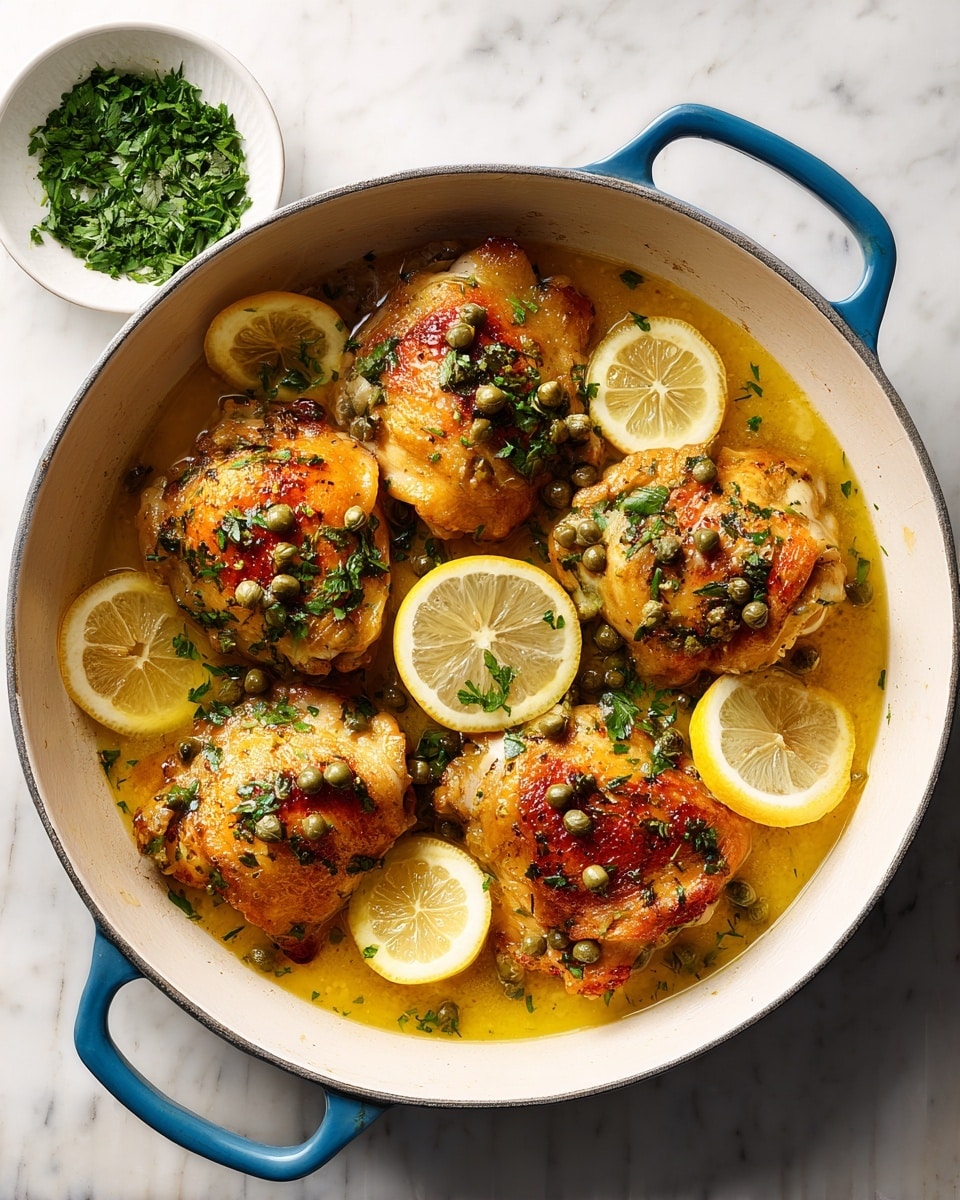 A round white pot with a blue handle is filled with four cooked chicken pieces that are golden-brown with a slight crisp texture, each topped with small green capers and chopped green herbs. The chicken pieces sit in a glossy golden-yellow sauce covering the base of the pot. Four lemon wedges with bright yellow flesh and white rinds are placed between the chicken pieces, adding pops of color. In the top left corner, a small white bowl holds chopped green herbs. The background is a white marbled surface. photo taken with an iphone --ar 4:5 --v 7