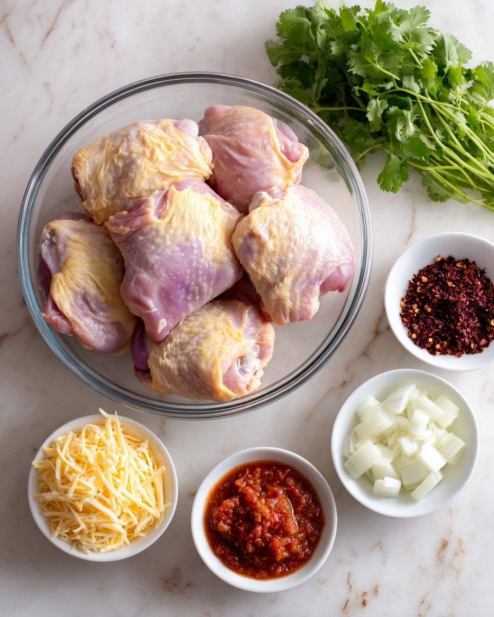 A clear glass bowl in the center holds six pieces of raw chicken thighs with their skin on, showing a pink and light yellow color. Surrounding this bowl are five small white bowls arranged in a circular pattern on a white marbled surface: one bowl has thin, pale yellow shredded cheese, another has white onion slices neatly stacked, the third bowl contains a chunky tomato sauce with bright red and orange hues, the fourth is filled with a dark reddish-brown spicy paste, and the last holds red chili flakes with a coarse texture. In the background, a bunch of fresh green cilantro leaves adds a pop of color. Photo taken with an iphone --ar 4:5 --v 7
