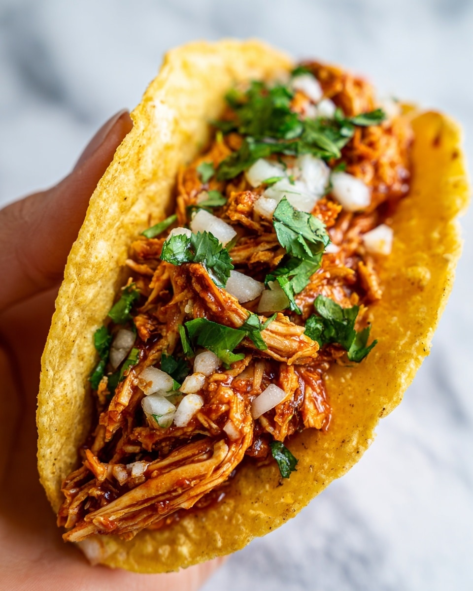 A close-up view of a yellow corn tortilla folded and held by a woman's hand, filled with shredded cooked chicken mixed with a reddish-brown sauce. On top of the chicken, there are small pieces of white onion and fresh green cilantro leaves scattered, adding color contrast. The texture of the chicken looks tender and juicy, while the tortilla appears soft and slightly textured. The background is blurred with a white marbled surface visible. Photo taken with an iphone --ar 4:5 --v 7