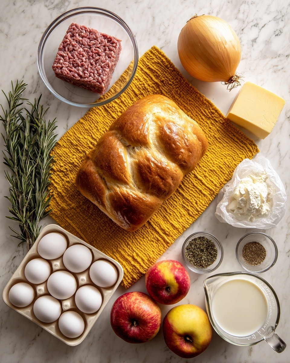 The image shows ingredients spread out on a white marbled surface. In the center, there is a loaf of bread with a golden brown crust on top of a mustard yellow textured cloth. To the left, there is a clear glass bowl with a block of ground meat next to a sprig of rosemary. Below that, a white egg tray holds six white eggs. On the right side of the bread, there is a whole yellow onion and a round block of soft cheese wrapped in white paper. Below those items, there are two red apples with yellow patches. Near the apples, three small glass bowls hold ground pepper, dried herbs, and a liquid ingredient. Finally, at the bottom right corner, a clear glass measuring cup contains milk. Photo taken with an iphone --ar 4:5 --v 7