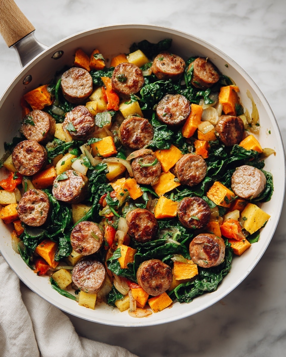 The dish shows a white pan filled with a mix of cooked ingredients. There are many round slices of browned sausage placed evenly on top. Under and around the sausage, a mix of diced, cooked vegetables includes cubes of golden yellow potatoes and bright orange sweet potatoes. Fresh, wilted spinach leaves add green color, woven through the rest of the food, with slightly shiny and soft textures. The pan’s handle sticks out to the left, and the whole scene is set on a white marbled surface with soft natural light. photo taken with an iphone --ar 4:5 --v 7