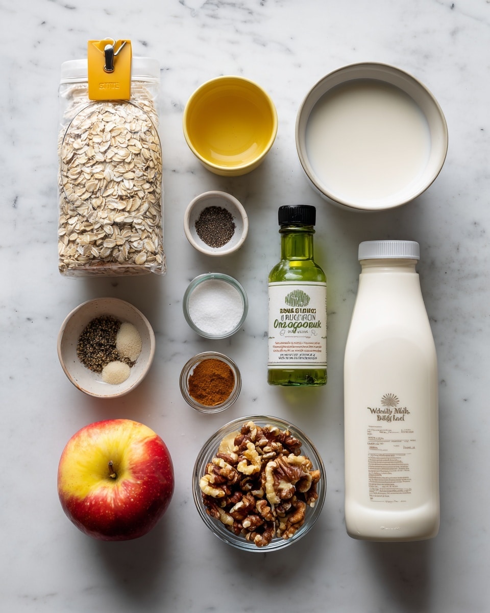 The image shows a collection of ingredients placed neatly on a white marbled surface. From left to right, there is a bag of oats clipped shut with a yellow clip, a small yellow bowl with a white solid ingredient, and a clear glass bottle of green-capped syrup labeled