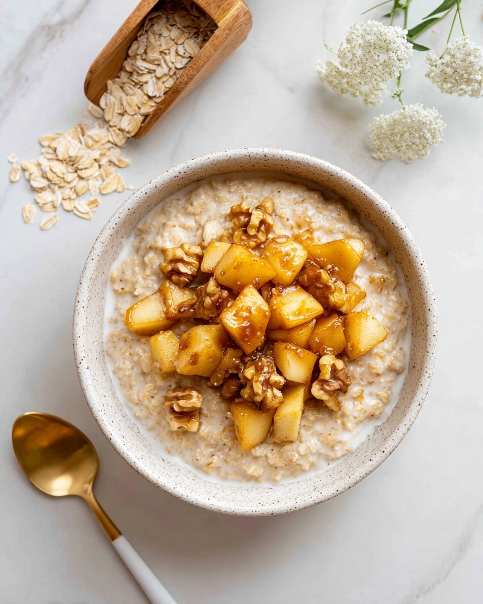 A white speckled bowl filled with creamy oatmeal layered at the bottom, topped with golden brown sautéed diced apples and small pieces of walnuts scattered unevenly across the surface. The oatmeal has a soft, slightly thick texture with light tan color, while the apple pieces are shiny and caramelized, showing a warm amber hue. The bowl is placed on a white marbled surface, with two small white flowers in the background near the top right and a wooden scoop spilling oats at the top left. A gold spoon with a white handle lies to the bottom left of the bowl, completing the calm, cozy arrangement. Photo taken with an iphone --ar 4:5 --v 7