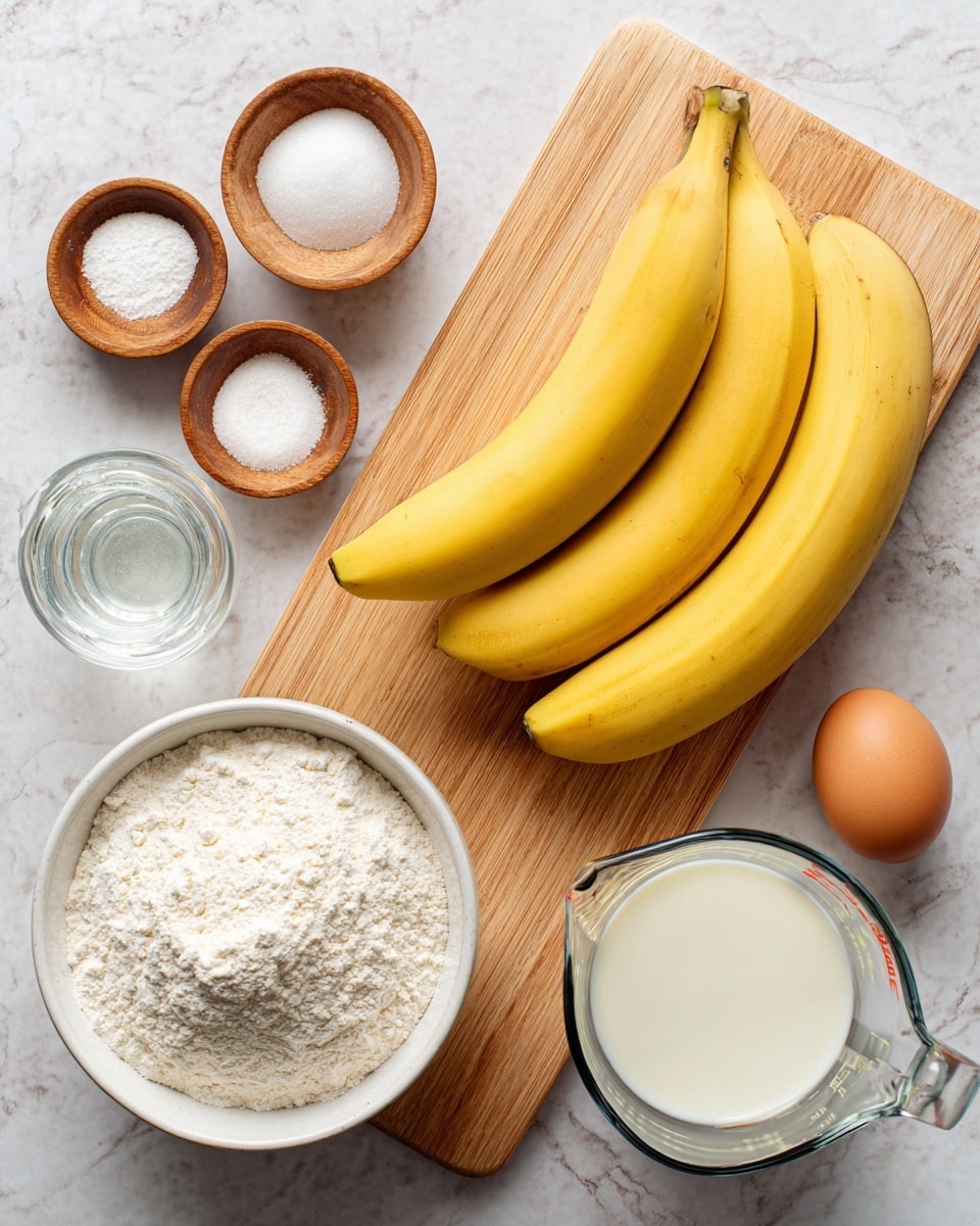 Two whole yellow bananas sit side by side on a light wooden cutting board placed on a white marbled texture surface. To the left of the board, a white bowl filled with flour is visible, with a small glass container holding a clear liquid beside it. Above the board, three small wooden bowls contain white granulated sugar, salt, and baking powder from left to right. On the right side of the board, there is a clear glass measuring cup filled with milk, and below it, a white bowl holding a single brown egg. The setup is neat and clean, with ingredients spaced evenly, ready for baking. photo taken with an iphone --ar 4:5 --v 7