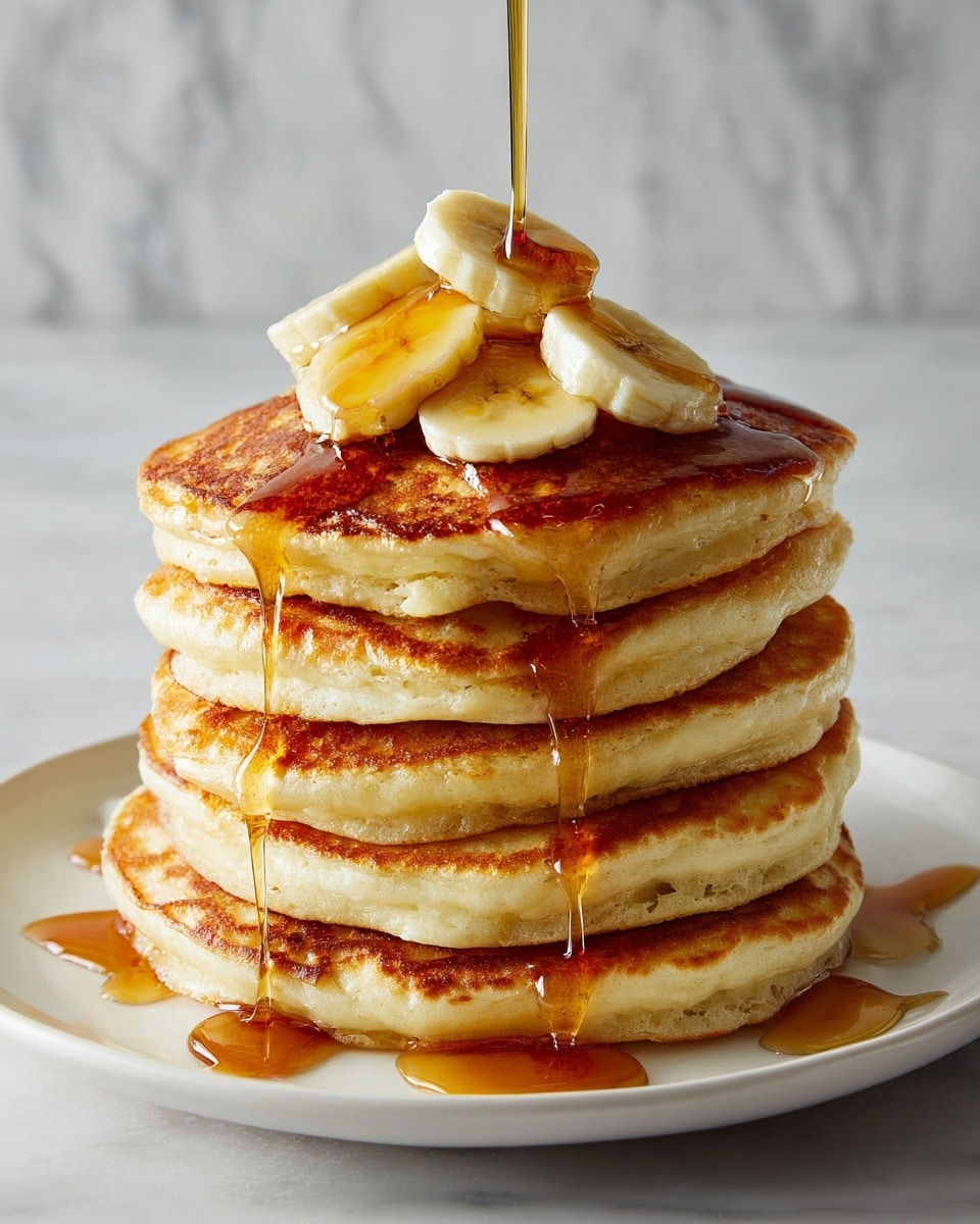 Banana Bread Pancakes Recipe 5 A tall stack of six thick pancakes with a golden brown color and slightly uneven edges sits on a white plate. The pancakes have a fluffy texture visible from the sides. On top, several small banana slices are placed in a cluster. A generous amount of amber syrup is poured over the entire stack, dripping down the sides in shiny streams. The background shows a white marbled surface. photo taken with an iphone --ar 4:5 --v 7