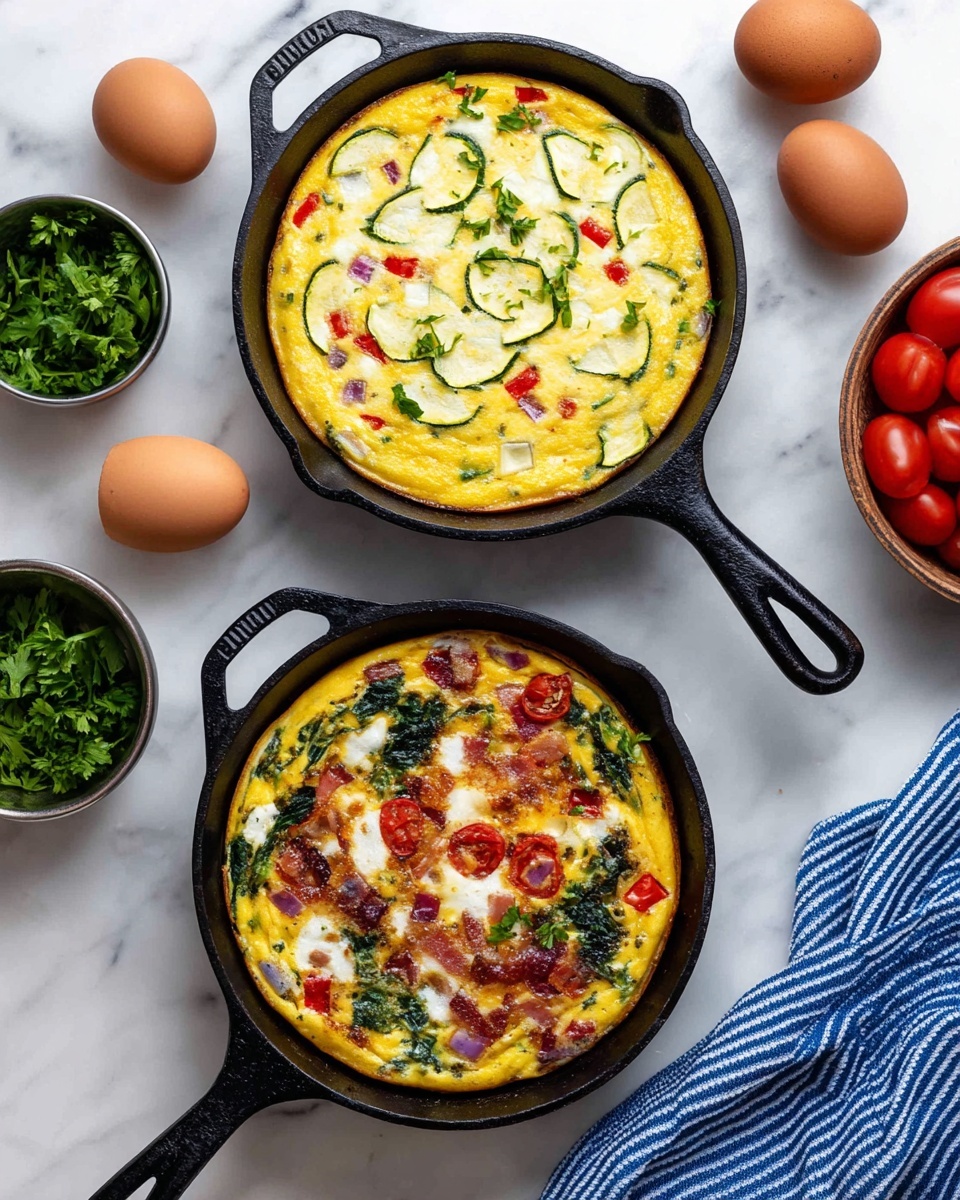 Cast Iron Frittata Recipe 5 Two cooked frittatas are shown in black cast iron pans on a white marbled surface. The top frittata has a yellow egg base with a layer of melted white cheese on top, scattered with green zucchini slices, small red bell pepper pieces, and green parsley leaves. The bottom frittata has a yellow egg base with visible layers of dark green spinach, red cherry tomato halves, light brown cooked bacon strips, and dollops of white cheese spread unevenly. Around the pans are whole eggs in brown shades, small metal bowls with fresh green parsley, red cherry tomatoes, and sliced purple onions. A blue and white striped towel is seen near the top right and bottom left edges. Photo taken with an iphone --ar 4:5 --v 7
