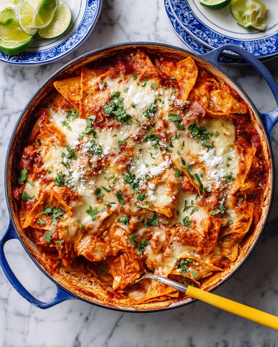 A large pan filled with a layered dish showing golden melted cheese on top with patches of white and light brown colors, sprinkled with green chopped herbs. Below the cheese layer, there is a rich red tomato sauce mixed with orange pieces of tortilla chips or similar crispy elements. The layers appear thick and uneven, with some pieces poking out from the sides and a yellow spoon scooping a portion from the pan. Around the pan, there are lime wedges and white plates with blue rims on a white marbled surface. photo taken with an iphone --ar 4:5 --v 7