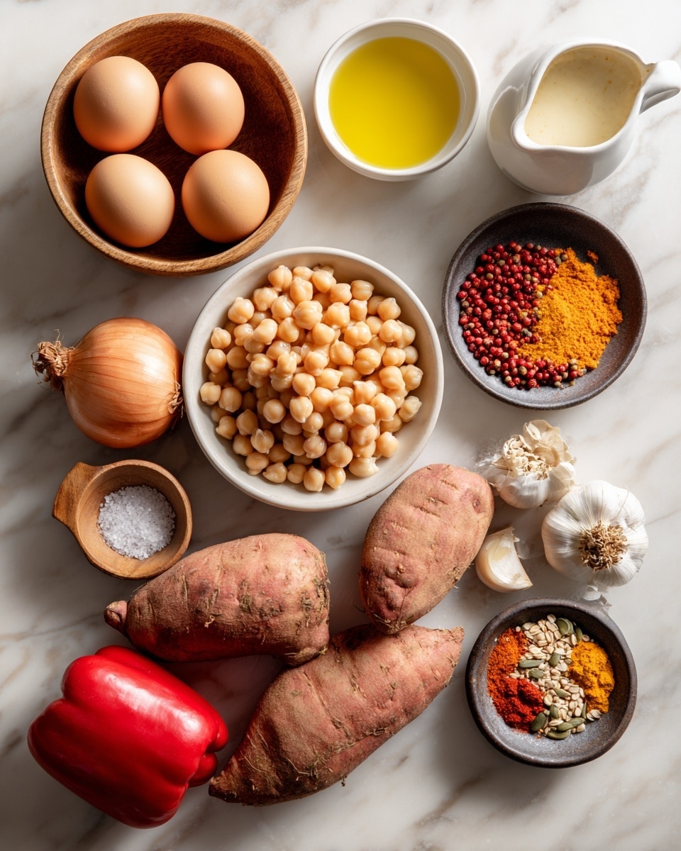 The image shows a collection of raw ingredients arranged on a white marbled surface. There are four light brown eggs in a wooden bowl on the left side. Below that is a small white bowl with a yellow liquid, likely oil. To the right of the eggs is a small wooden dish holding salt and pepper. In the center is a white bowl filled with round pale beige chickpeas. Above the chickpeas is a dark bowl with red and yellow spices. To the right of that is a white small pitcher with a creamy liquid. Near that are two whole sweet potatoes with rough brown skin and a whole red onion. Below the onion and potatoes is a bright red bell pepper. To the far right are two small dark dishes, one filled with mixed seeds and the other with more yellow and orange spices. Two garlic cloves sit near the top right. The ingredients are neatly arranged and look fresh. Photo taken with an iphone --ar 4:5 --v 7