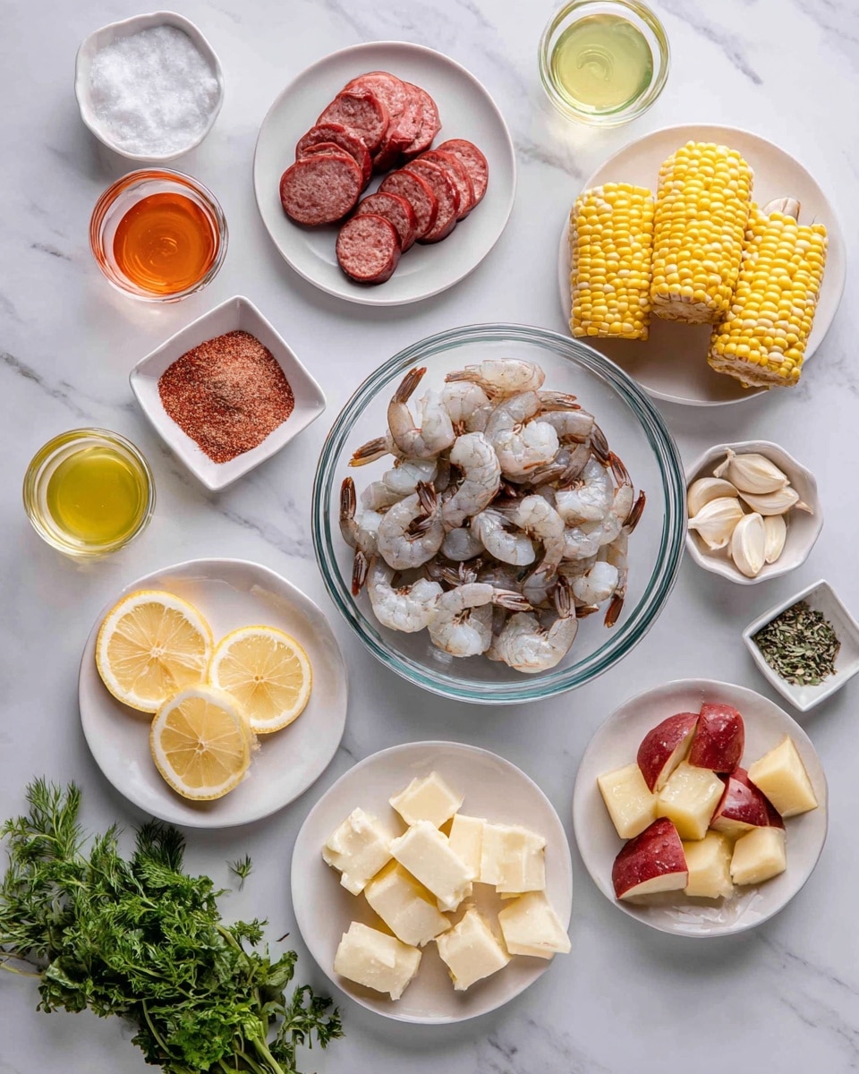 A top view of various raw ingredients arranged neatly on a white marbled surface. In the center, there is a clear glass bowl filled with raw shrimp with shells on. Surrounding it are several white plates and clear bowls: one contains sliced reddish-brown sausage, another has pieces of yellow corn on the cob, and a small bowl holds peeled garlic cloves. There is also a white plate with several butter chunks, a clear bowl of red and yellow potato pieces, a small square dish holding salt and pepper, and another bowl with a reddish seasoning powder. Additionally, there are two small glasses with orange and green liquids, a bowl with lemon wedges, and a bunch of fresh green herbs at the bottom corner. The overall layout is clean and organized. photo taken with an iphone --ar 4:5 --v 7
