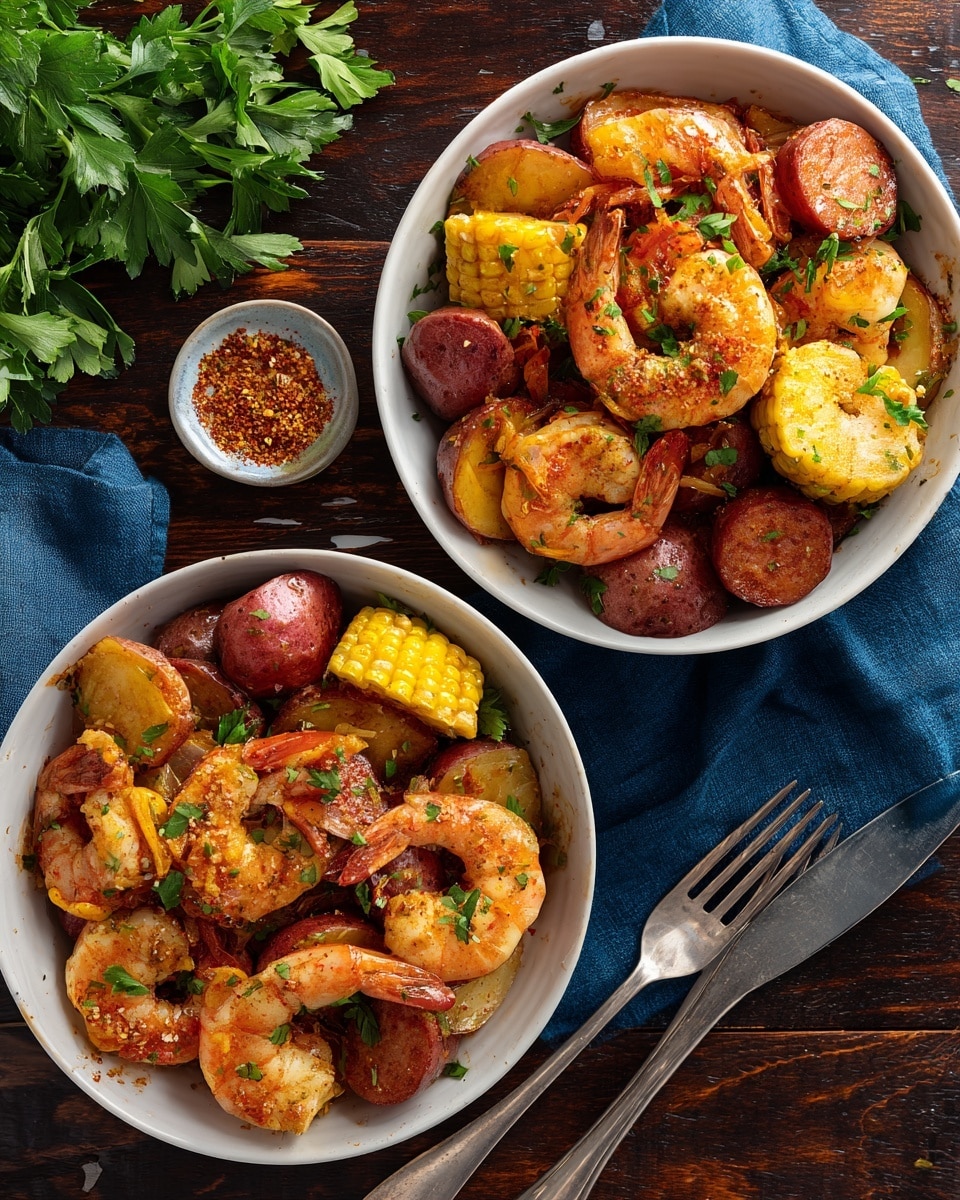 Two white bowls lined with crumpled silver foil hold a colorful mix of cooked shrimp, sliced sausage, small red potatoes, and thick corn rounds. The shrimp are bright orange and curved, while the sausage is browned with a slightly crispy texture. The red potatoes show smooth red-skinned surfaces, and the corn is yellow with a few hints of char. Fresh green parsley is sprinkled on top of the food adding a touch of brightness. The bowls sit on a dark wooden table with some scattered parsley leaves, two forks placed side by side on the table, and a small bowl of reddish seasoning nearby. A blue cloth lies to the right near the bowls, and fresh green parsley rests at the top on a white marbled background. photo taken with an iphone --ar 4:5 --v 7