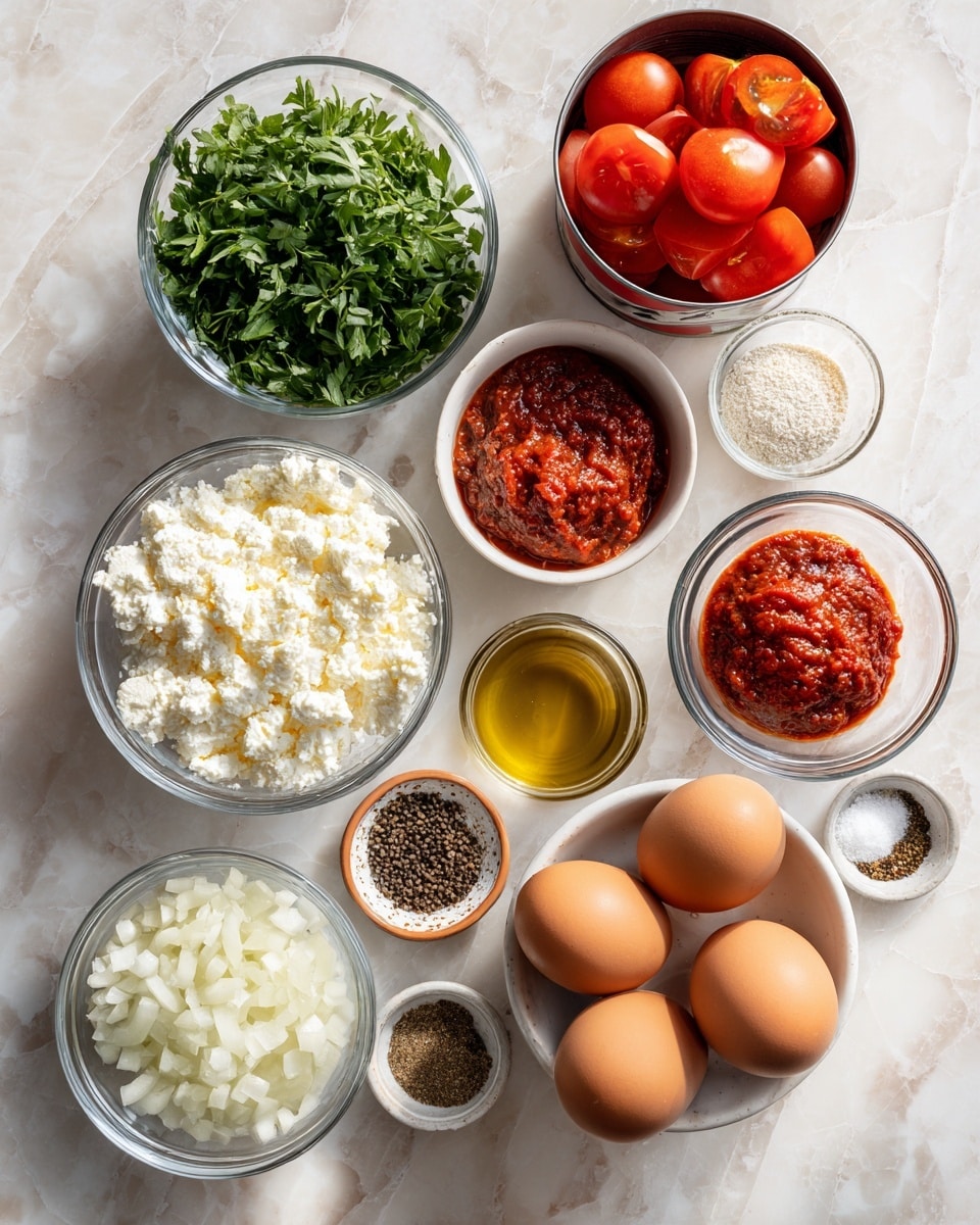 The image shows several small glass and white ceramic bowls arranged neatly on a white marbled surface, each filled with different ingredients. In the middle bottom, there is a white bowl holding six brown eggs. To the left is a pile of fresh green herbs. Around the eggs are bowls containing white cottage cheese, chopped white onion, diced red bell pepper, a small bowl of minced garlic, a bowl with bright red paste, a bowl of olive oil, a small bowl of finely ground brown spice, another small bowl with whole spices, a larger bowl with black pepper, and a bowl with white salt. At the top right, an opened can shows peeled red tomatoes inside. Everything is cleanly placed with clear, bright natural light. photo taken with an iphone --ar 4:5 --v 7