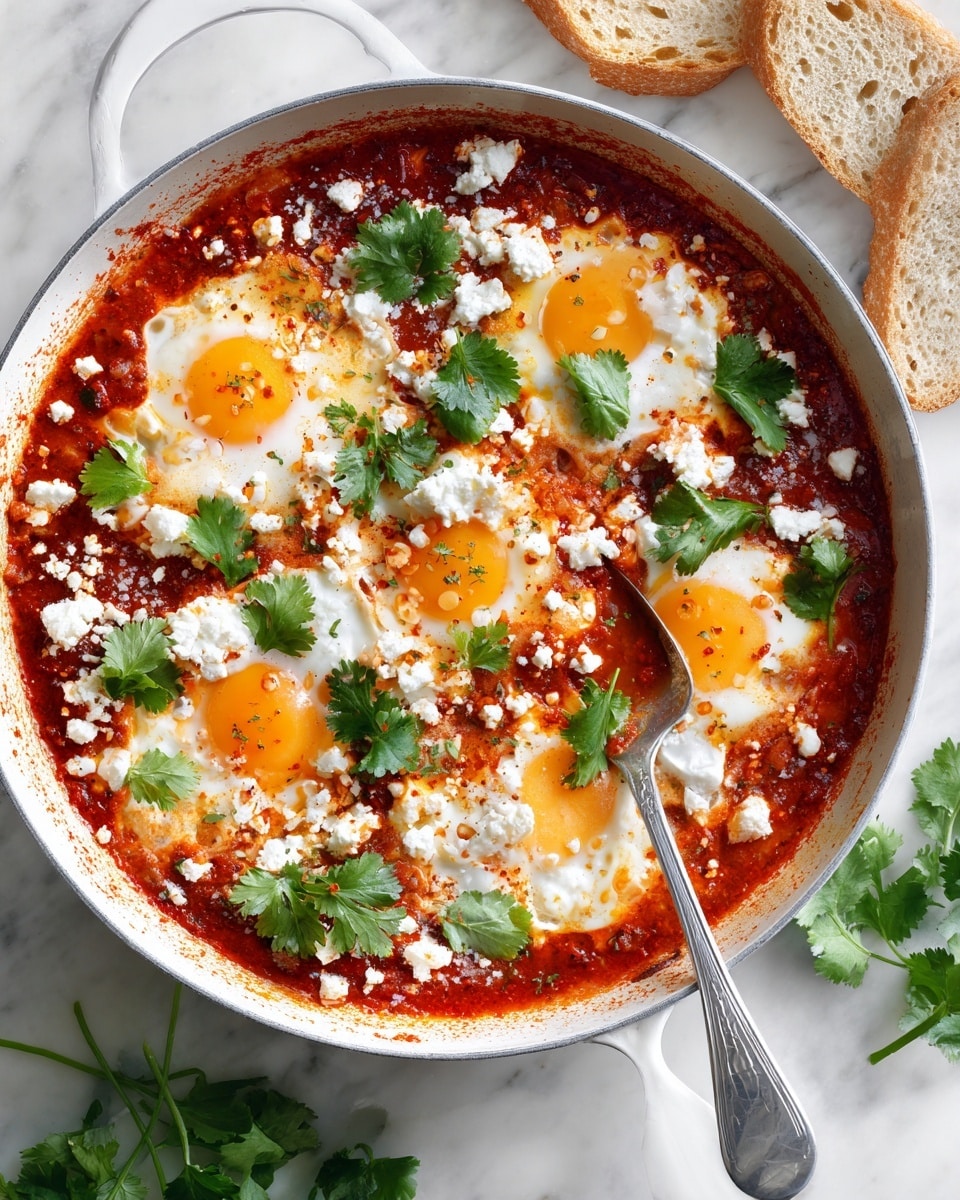 A round white pan filled with a dish of seven sunny-side-up eggs arranged over a deep red tomato sauce base, which has a chunky texture with visible diced tomatoes and spices. Crumbled white cheese is scattered around the eggs, while fresh green cilantro leaves are placed on top for garnish. A silver spoon rests inside the pan near the bottom edge. The pan sits on a white marbled surface with two pieces of sliced bread placed at the top left and bottom right corners, along with some fresh green cilantro near the bottom left. Photo taken with an iphone --ar 4:5 --v 7