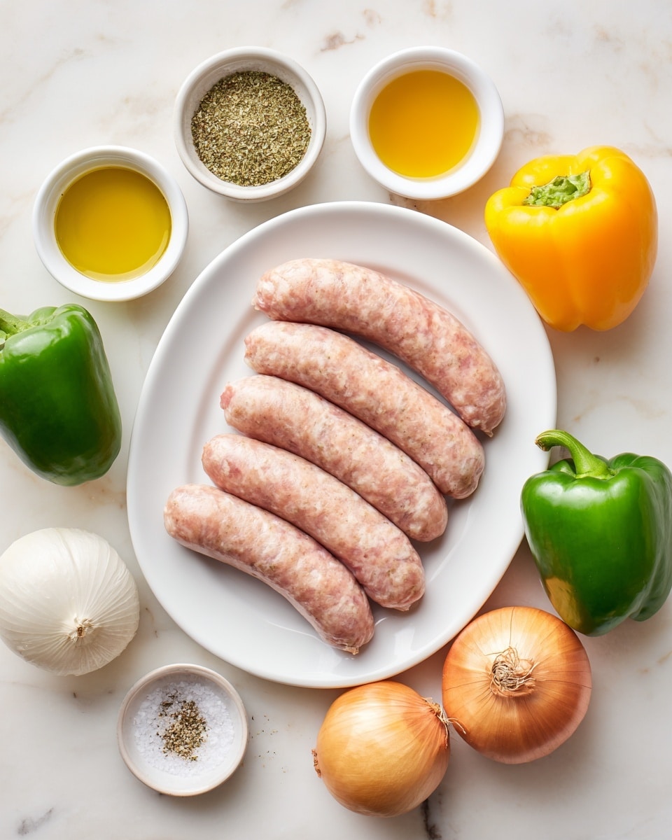 The image shows a white oval plate with six raw sausages arranged side by side, each sausage having a light pink color with white fat marbling. Around the plate, there are three green bell peppers, each with a shiny, smooth surface and rich green color. There are also four onions placed around the plate, showing both yellow and white varieties with dry outer skins. Above the plate, there are two small white bowls, one filled with golden-yellow olive oil and the other with a mixture of dried herbs and garlic powder, showing green and off-white colors. At the lower left corner, there are two small white dishes; one with coarse salt and the other with black pepper. All items are set on a white marbled surface. Photo taken with an iphone --ar 4:5 --v 7