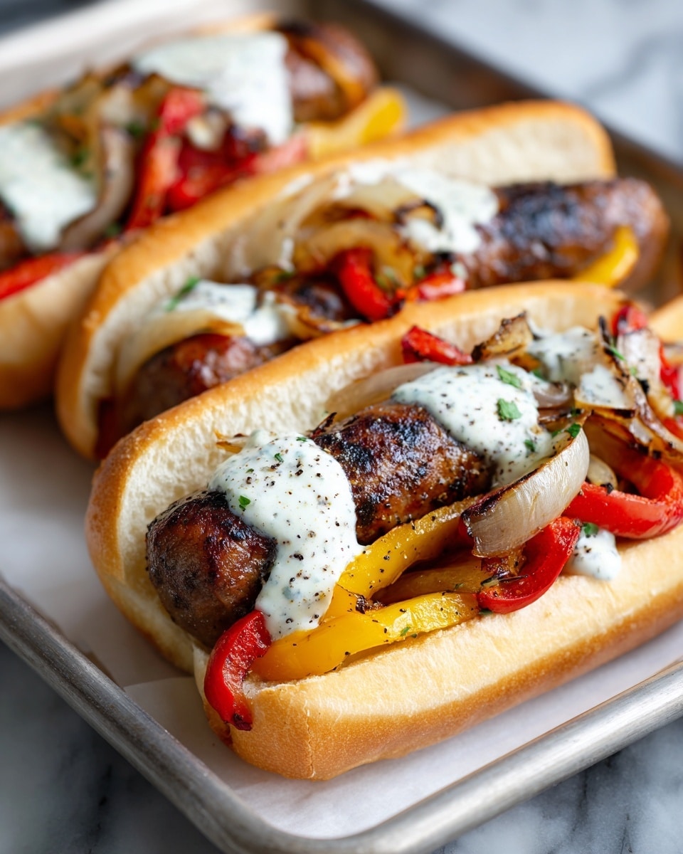Three sausage sandwiches are placed close together on a white marbled surface. Each sandwich has a soft, golden-brown bun filled with a dark, grilled sausage. On top of each sausage, there are cooked strips of red and yellow bell peppers and slices of cooked onions, adding bright reds, yellows, and translucent whites to the layers. These are all drizzled with a creamy white sauce dotted with black pepper, which lightly coats the vegetables and sausage. The sandwiches are arranged on a metallic tray with a dark background. photo taken with an iphone --ar 4:5 --v 7