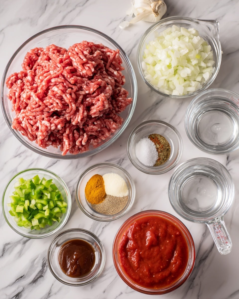 A top view of various cooking ingredients placed on a white marbled surface. The largest item is a clear glass bowl filled with raw ground meat, which is pinkish red with white fat streaks, positioned on the left. Surrounding it are smaller clear bowls and glass measuring cups containing different ingredients: finely chopped white onions, green bell peppers, minced garlic, brown sugar, yellow mustard, red chili powder, salt, black pepper, and soy sauce. Two measuring cups also hold clear water and a thick, bright red tomato sauce. The arrangement is neat and evenly spaced, showing a colorful mix of textures and tones in clear containers. Photo taken with an iphone --ar 4:5 --v 7