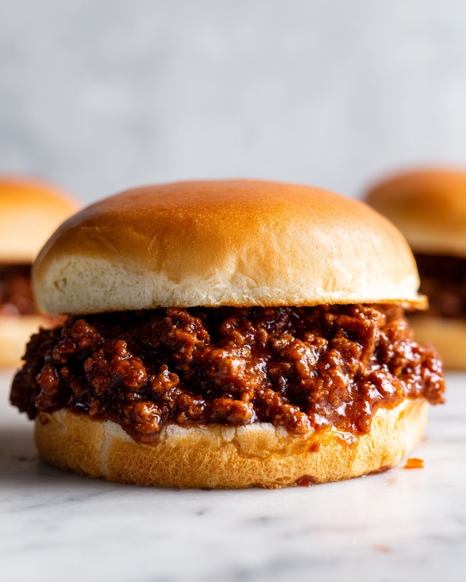 A close-up view of a sloppy joe sandwich on a soft, light brown bun with a smooth, slightly shiny top. The sandwich has one thick layer of rich, chunky ground meat mixed with a dark reddish-brown sauce, spilling a little over the sides of the bottom bun. The sandwich sits on a white marbled surface with a neutral, softly textured background. photo taken with an iphone --ar 4:5 --v 7