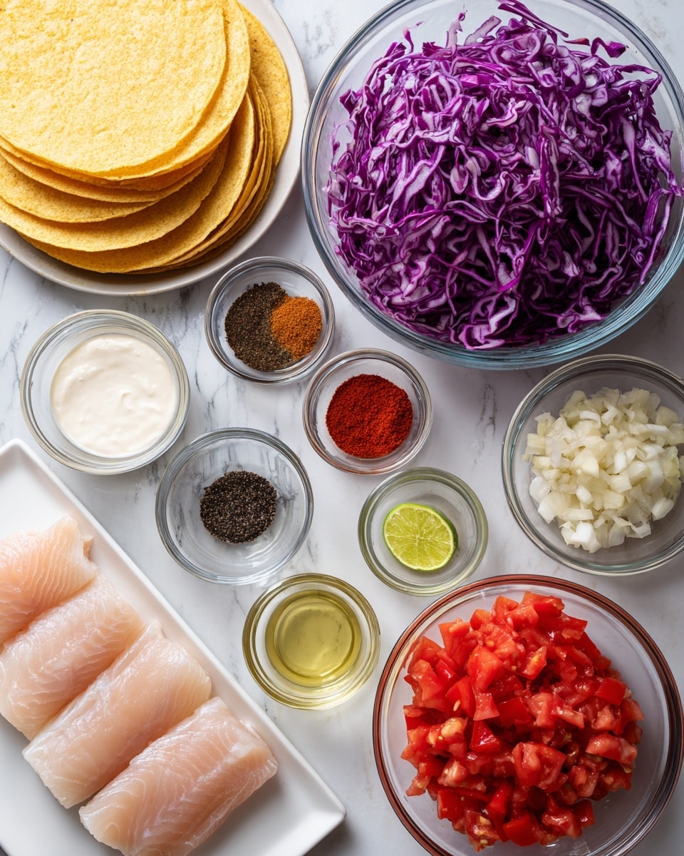 The image shows multiple clear small glass bowls and two white rectangular plates arranged neatly on a white marbled surface. The top right corner has a large clear bowl filled with shredded purple cabbage, below it is a medium clear bowl of chopped red tomatoes, and next to that is a small clear bowl of white creamy sauce. To the left are several small glass bowls in rows, each containing different spices such as brown, red, and black powder, minced garlic, lime zest, and liquids like oil and juice. At the bottom left corner, a white rectangular plate holds four pieces of raw light pink fish fillets. Next to the fish are six yellow corn tortillas stacked and slightly fanned out. The surface and arrangement are bright and clean, with a clearly organized layout of colorful fresh ingredients. Photo taken with an iphone --ar 4:5 --v 7