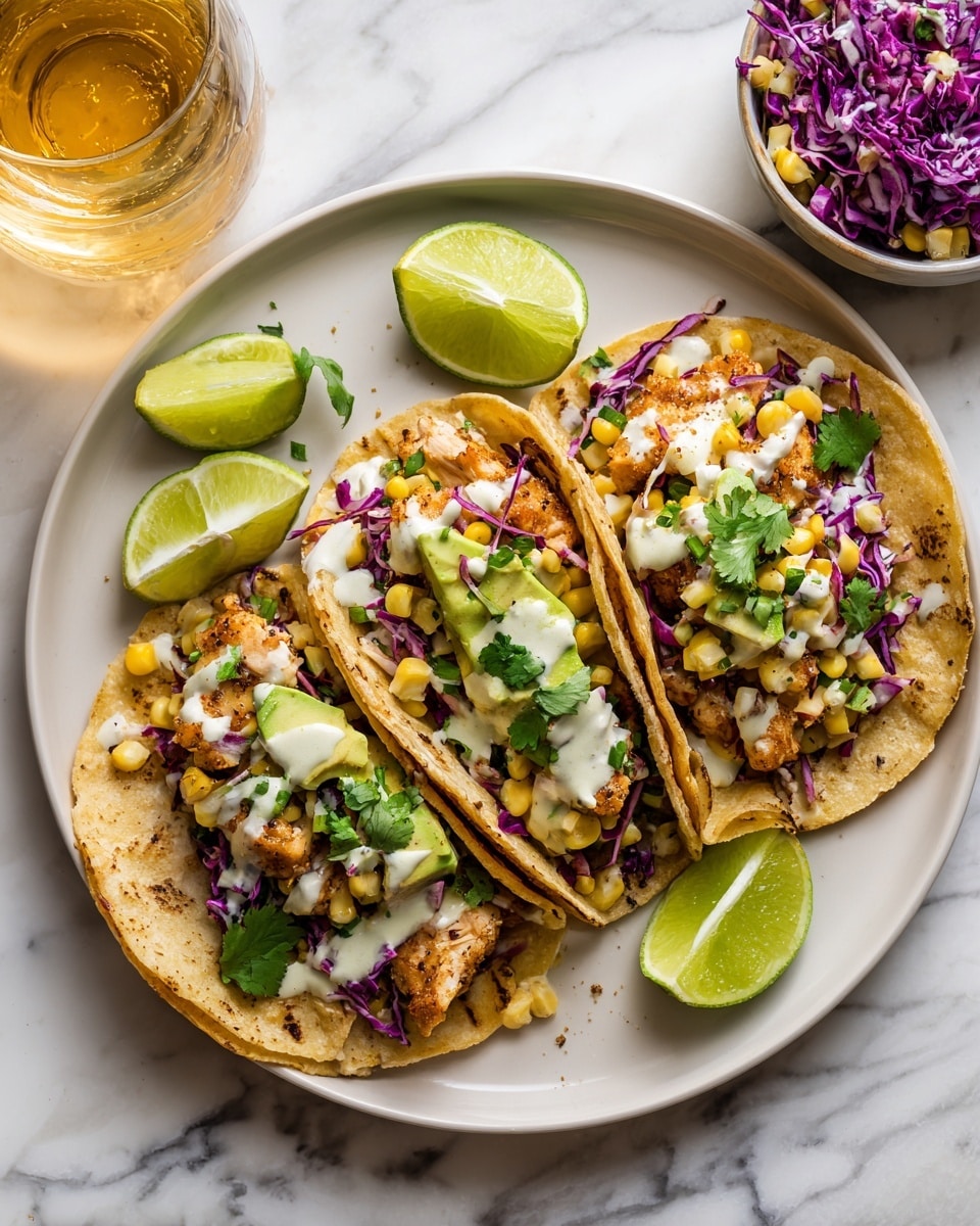 Three toasted corn tortillas lie on a white plate, each topped with pieces of golden-brown cooked chicken, bright purple shredded cabbage, small yellow corn kernels, diced green avocado, and fresh green cilantro leaves. A creamy white sauce is drizzled over the top of each taco. Next to the tacos on the plate are two lime wedges. The plate sits on a white marbled surface with a small bowl of extra purple cabbage and corn slaw to the side, along with a transparent glass filled with a golden drink. Photo taken with an iphone --ar 4:5 --v 7