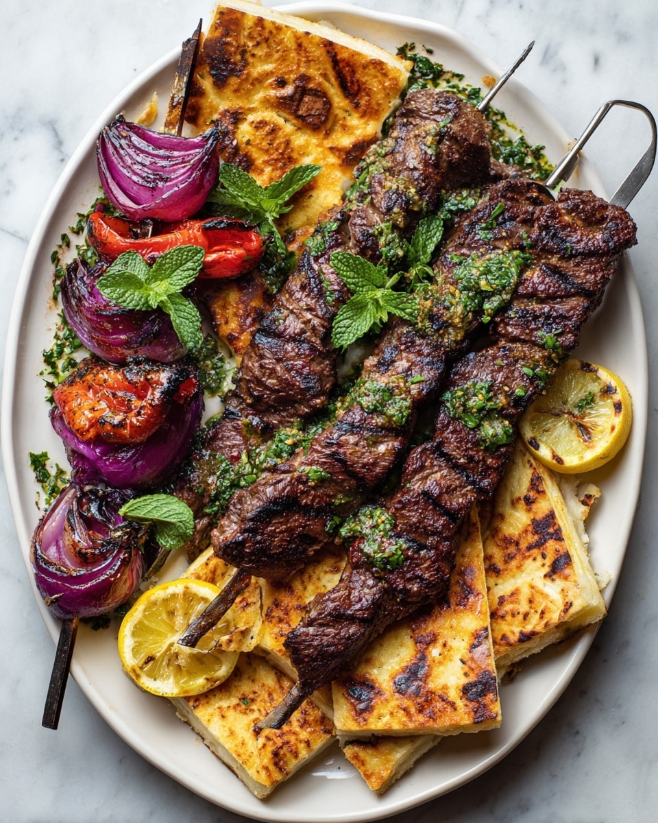 A large white oval plate on a white marbled surface shows a colorful grilled dish with three metal skewers. On the left side, a skewer has grilled red peppers and purple onions with black grill marks, topped with small bright green mint leaves and two lemon wedges. On the right side, two skewers hold several large pieces of dark brown grilled meat with char marks, resting on torn pieces of grilled flatbread that are golden brown with some darker spots. There are additional lemon wedges and scattered mint leaves on the plate, adding freshness to the rich colors. photo taken with an iphone --ar 4:5 --v 7