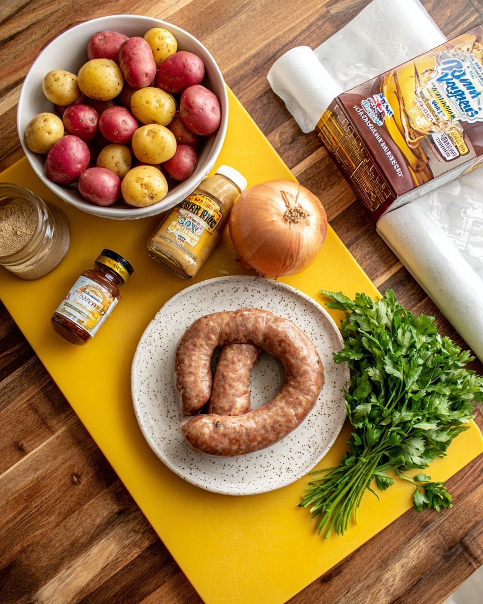 The image shows a bright yellow cutting board on a wooden table with various cooking ingredients arranged neatly. On the left, there is a white bowl filled with small red and yellow potatoes. Next to it, there is a bottle of honey and a bottle of spicy brown mustard standing side by side. In the middle of the cutting board, a long, curved sausage lies on a white speckled plate with blue in the background. Above the sausage, a whole brown onion and a small bunch of fresh green parsley rest together. To the right, there is a roll of parchment baking paper and a box of Reynolds Wrap heavy duty aluminum foil, all placed on a white marbled surface. photo taken with an iphone --ar 4:5 --v 7