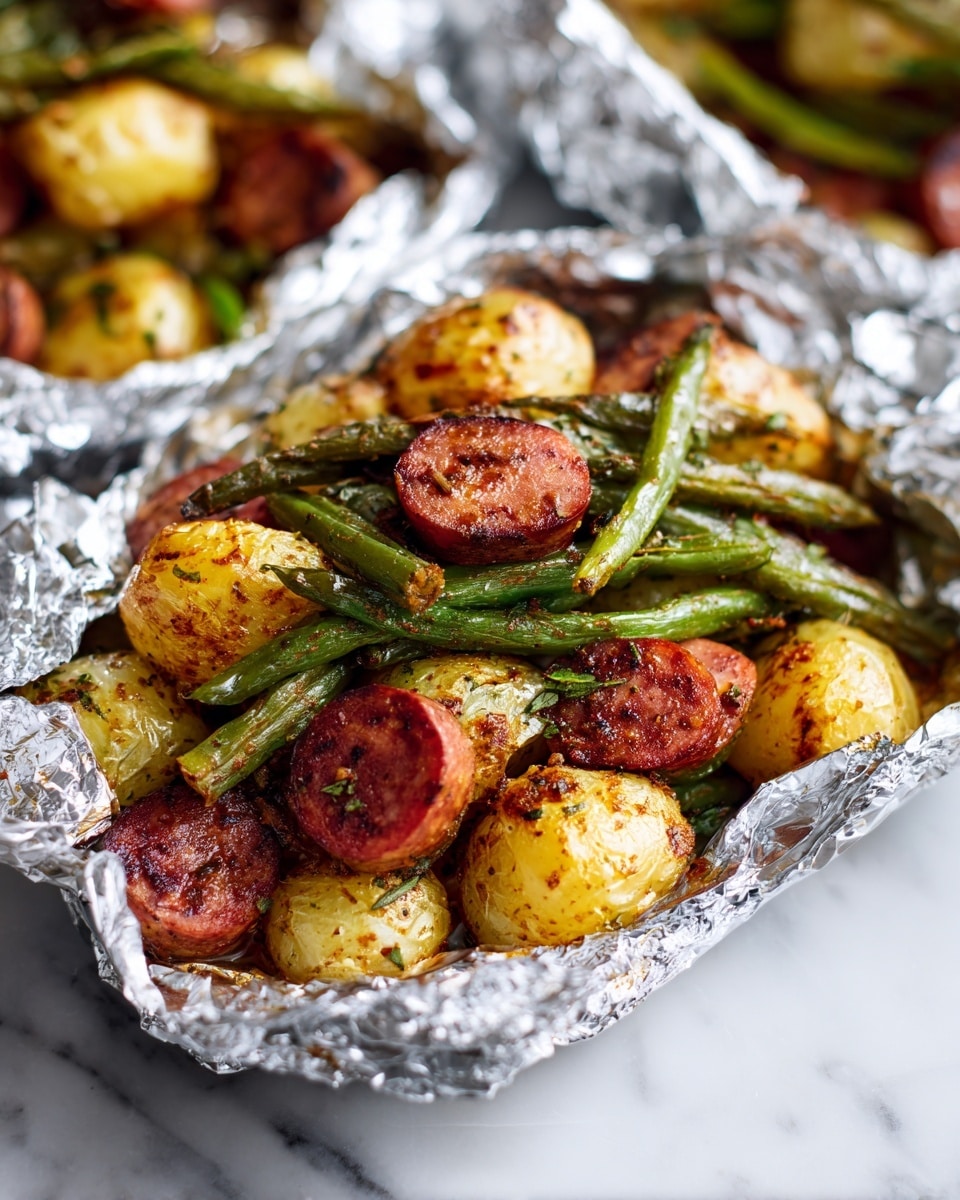 A foil packet filled with two main layers: the bottom layer has golden small potatoes with a slightly crispy texture, and the top layer is a mix of thick slices of reddish sausage and green beans, all cooked with a light coating of seasoning giving a warm, slightly browned look. The foil packaging is crinkled and shiny, set on a white marbled surface with some other foil packets partially visible nearby. photo taken with an iphone --ar 4:5 --v 7