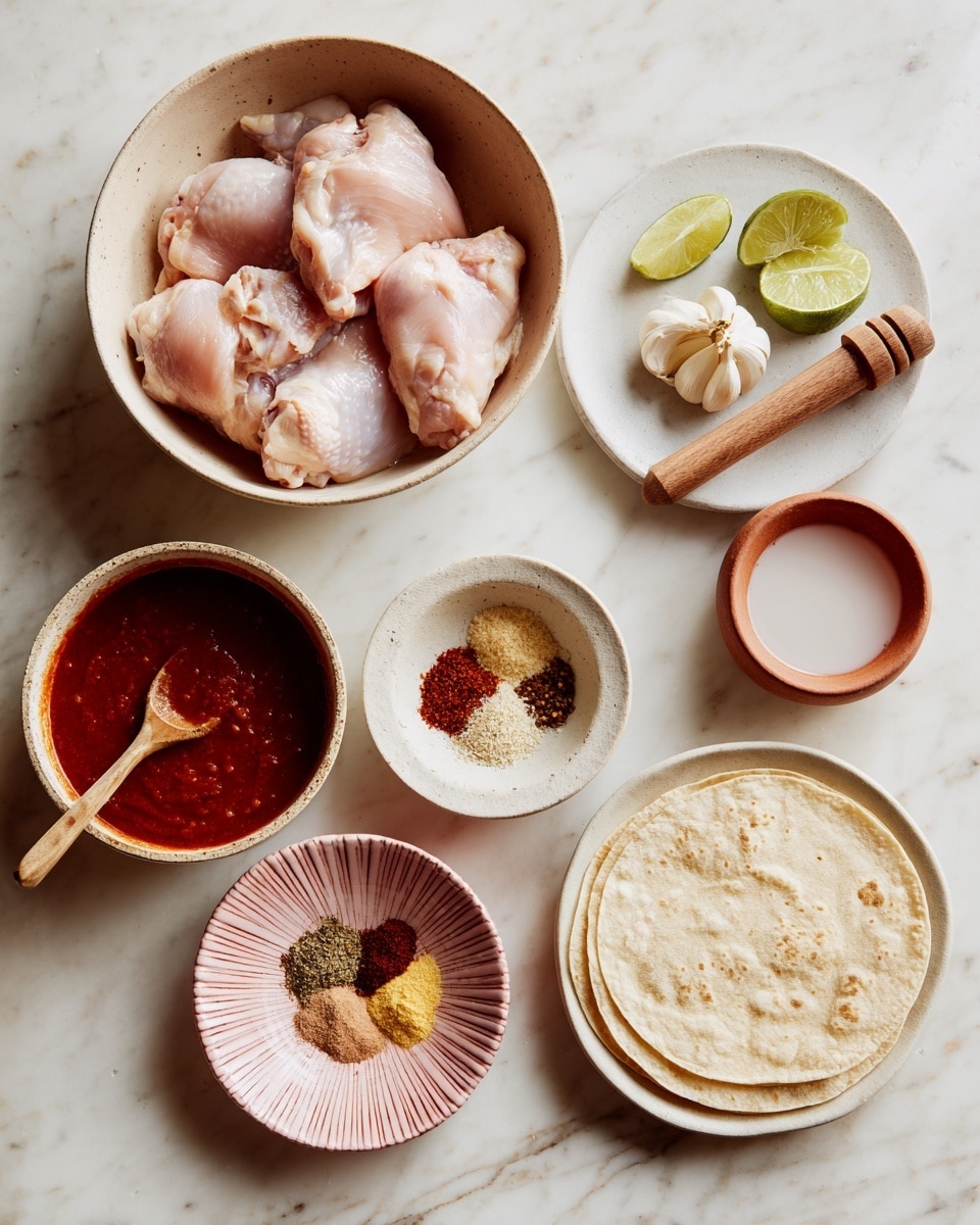 The image shows raw chicken thighs placed closely in a white bowl at the bottom left. Above it, there is a beige bowl with a deep red sauce and a wooden spoon resting inside. To the right of the chicken bowl and sauce, four small white bowls hold different ingredients: one has three piles of spices in brown, green, and orange colors in a round scalloped bowl, another has peeled garlic cloves on a pink ribbed plate, and the third contains a clear liquid with a white center in a small white bowl with a terracotta rim. On the top right corner, a white speckled plate carries a wooden lemon squeezer set inside a squeezed lime half, with lime wedges around it. Below and right of this plate, another white speckled bowl shows a stack of plain round tortillas partially overlapping each other. The entire arrangement rests on a white marbled surface. photo taken with an iphone --ar 4:5 --v 7