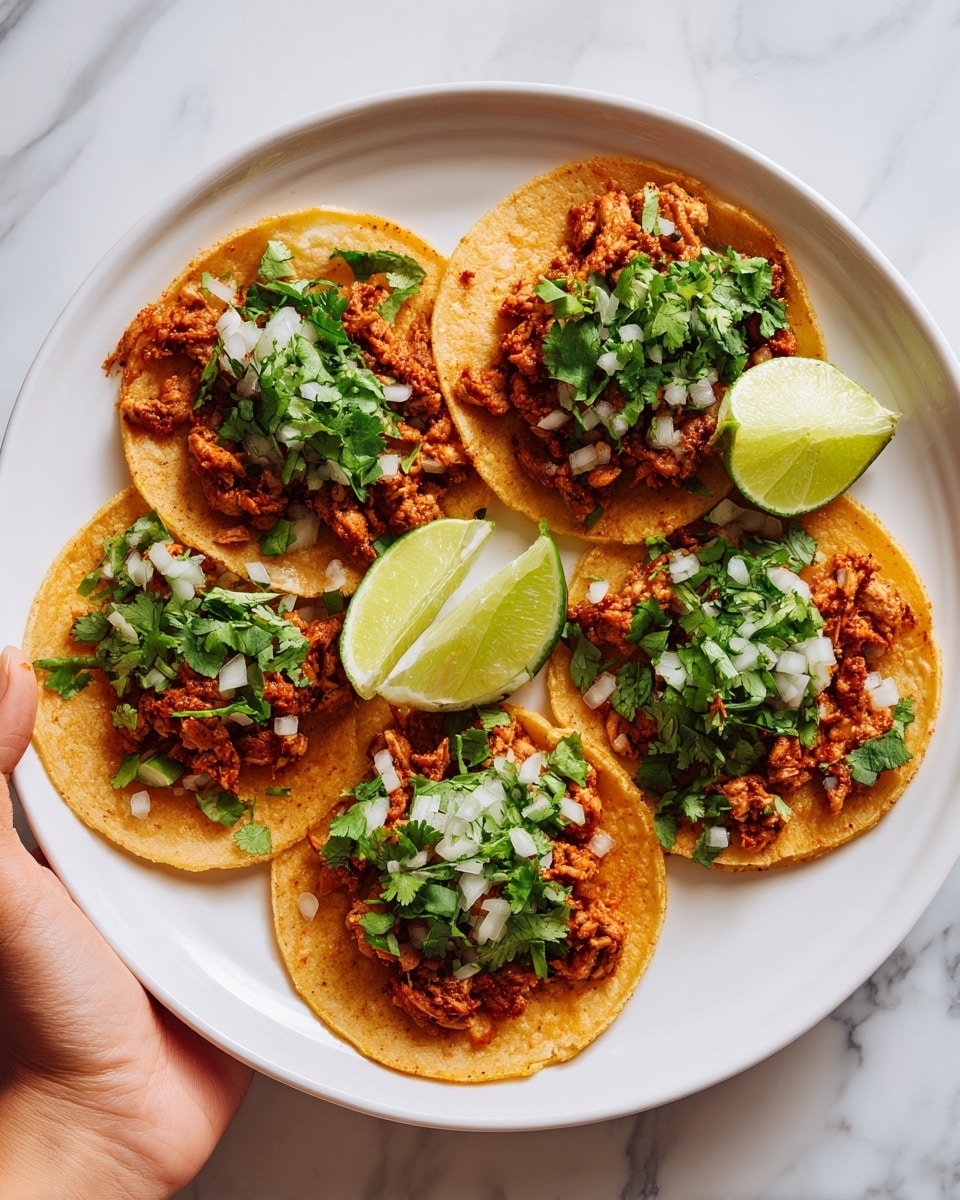The image shows five round tacos on a white plate with a white marbled background. Each taco has two layers of light golden tortillas with a slightly crispy texture. On top, there is a generous layer of finely chopped cooked chicken in a brown color, spread evenly across the tortillas. This is followed by a sprinkle of small, fresh green cilantro leaves and finely chopped pale white onions, adding color contrasts and freshness. Two lime wedges with light green skin and juicy flesh rest on the edge of the plate. A woman's hand holds the plate from the bottom. Photo taken with an iphone --ar 4:5 --v 7