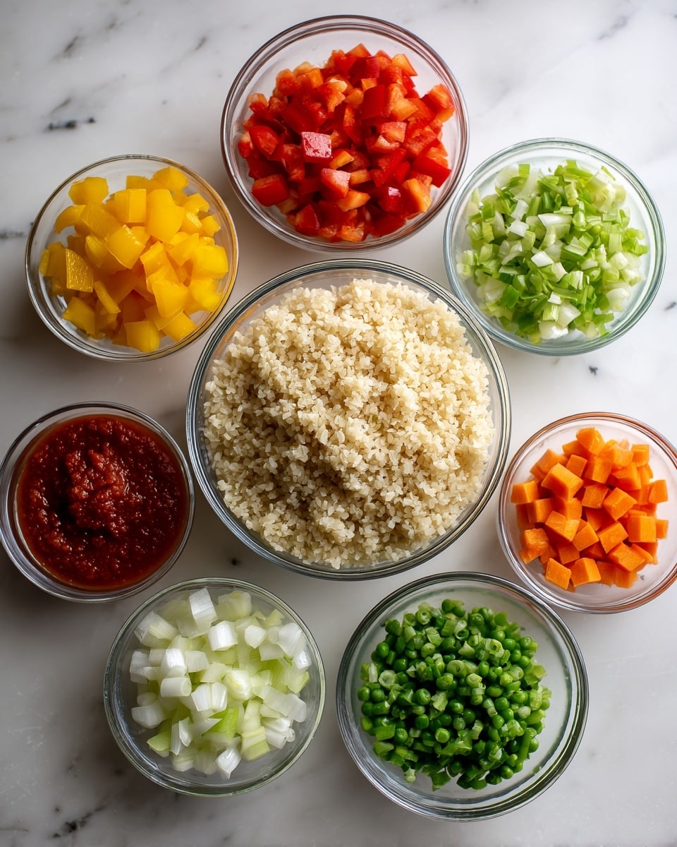 This image shows seven clear glass bowls arranged on a white marbled surface. The largest bowl in the center holds light brown cooked rice with fluffy texture. Around it, six smaller bowls contain different chopped vegetables: bright red, yellow, and orange diced bell peppers; white chopped onions; light green chopped celery; small green peas mixed with orange carrot cubes; chopped green onion pieces; and a bowl of chunky red tomato sauce. The bowls are neatly placed to form a circle around the rice bowl. Photo taken with an iphone --ar 4:5 --v 7