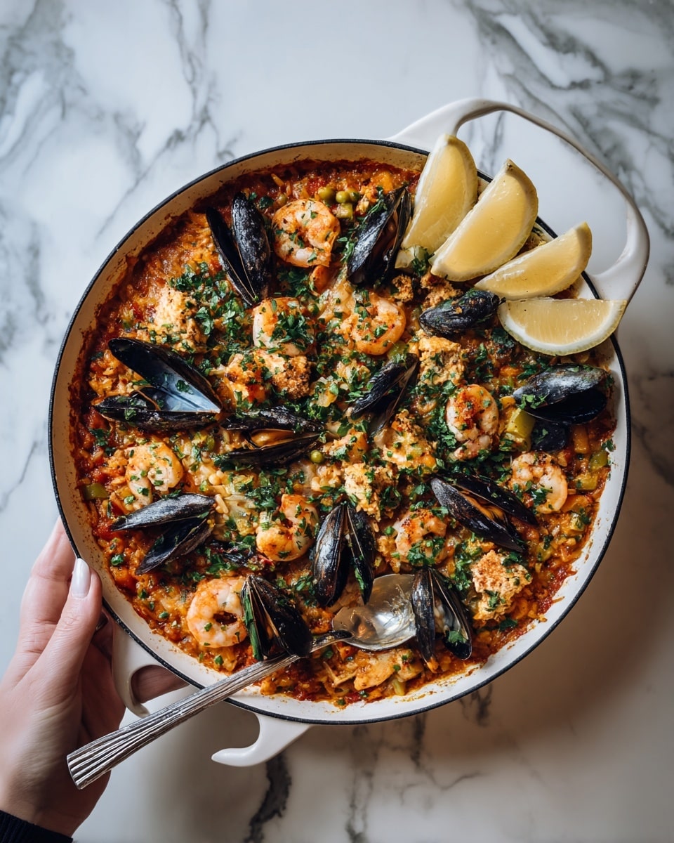 A round white pan filled with a colorful seafood dish that has many layers. The bottom layer is a mix of orange-red sauce with visible pieces of yellow and green vegetables. Scattered on top are brownish-orange chunks of fish, black mussel shells, and small pink shrimp. Green herbs are sprinkled all over for a fresh look. At the top right side, there are three lemon wedges placed together. A silver spoon rests on the right side of the pan. The pan is set on a white marbled surface with a woman's hand holding the pan at the bottom left corner. photo taken with an iphone --ar 4:5 --v 7
