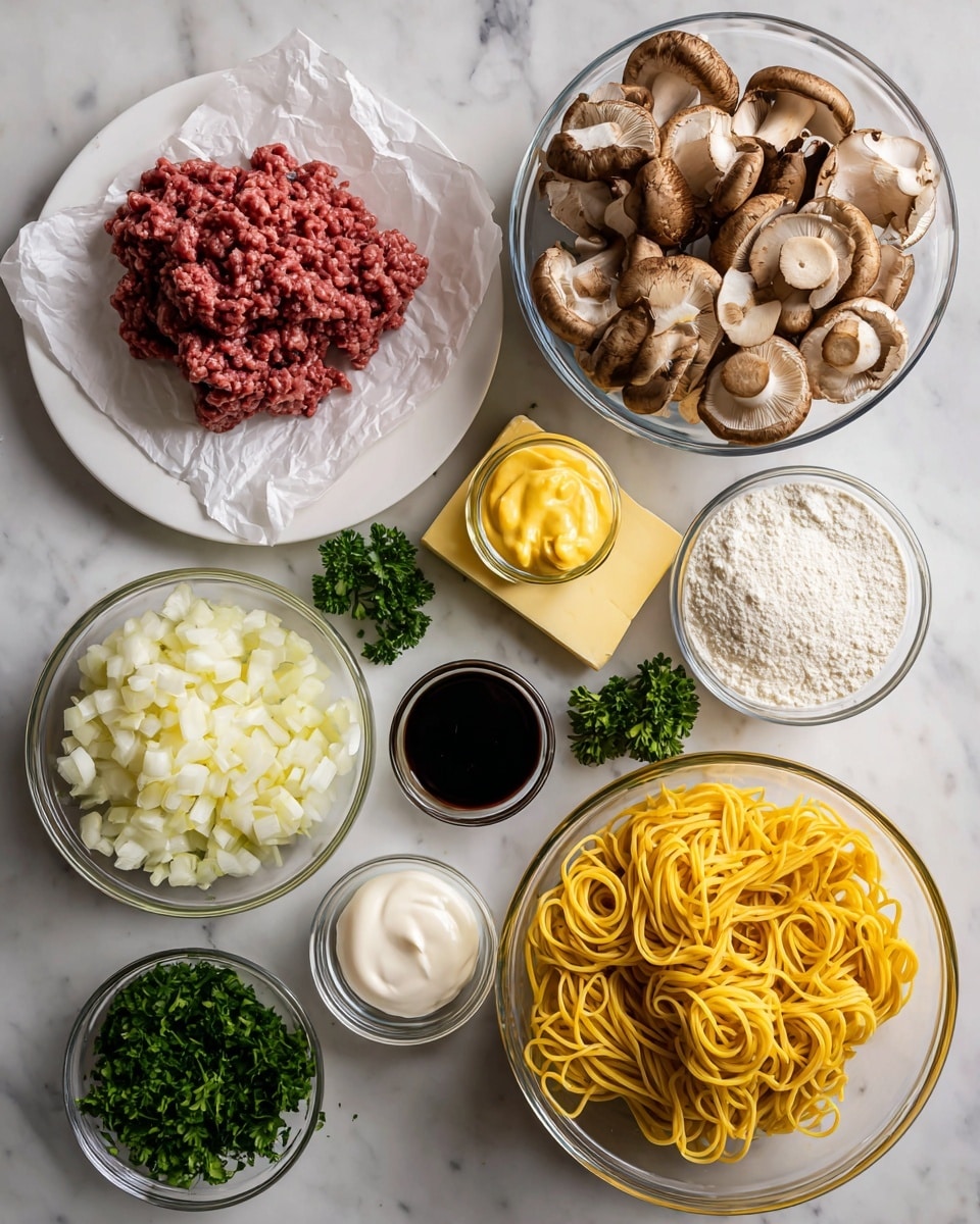 The image shows several cooking ingredients arranged neatly on a white marbled surface. In the top left, there is a white plate with crumbled raw ground beef on white parchment paper. To the right, a clear glass bowl is filled with sliced brown mushrooms. Next to it, there are three sticks of butter and an open jar of mustard with visible creamy yellow swirls. Fresh green parsley is placed just beside the mustard. Below the mushrooms, there is a clear bowl of chopped white onions. To its right, there is a larger clear glass bowl filled with uncooked yellow egg noodles. Small glass bowls with white flour, dried green herbs, dark soy sauce, and sour cream complete the arrangement. The items are spread out, showing texture and color contrast. photo taken with an iphone --ar 4:5 --v 7