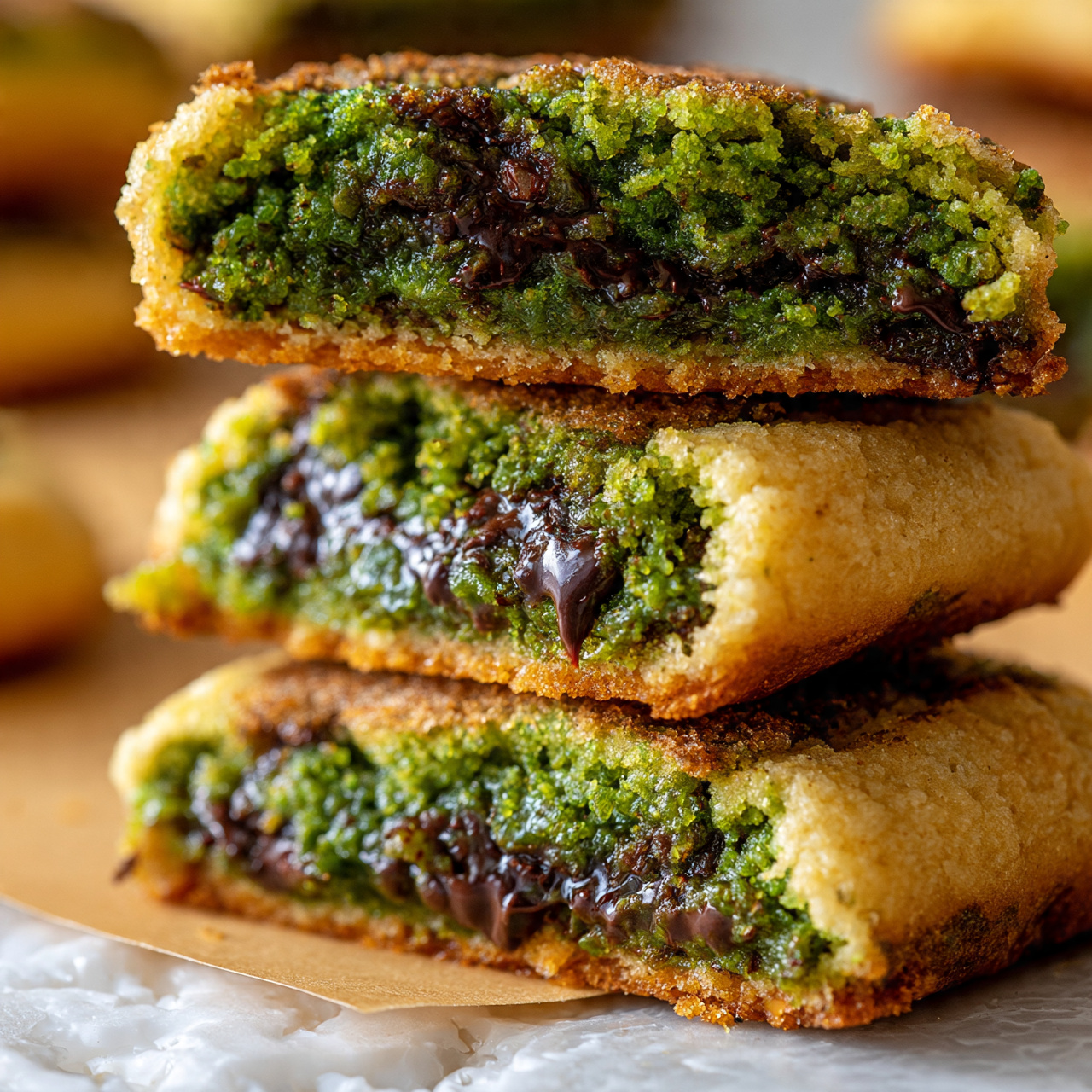 Pistachio Cream Cookies Recipe 5 square image A stack of three cookies is pictured close-up, each cookie showing two main layers: a golden brown outer baked dough with a soft, slightly crumbly texture, and a thick, rich green filling with dark melted chocolate chunks melting through it. The green filling has a glossy, creamy look, oozing slightly as the cookies are stacked. Part of the top cookie is broken, revealing the dense, gooey green and chocolate interior. The cookies rest on a light tan surface with other cookies blurred in the background and a white marbled texture beneath. photo taken with an iphone --ar 4:5 --v 7