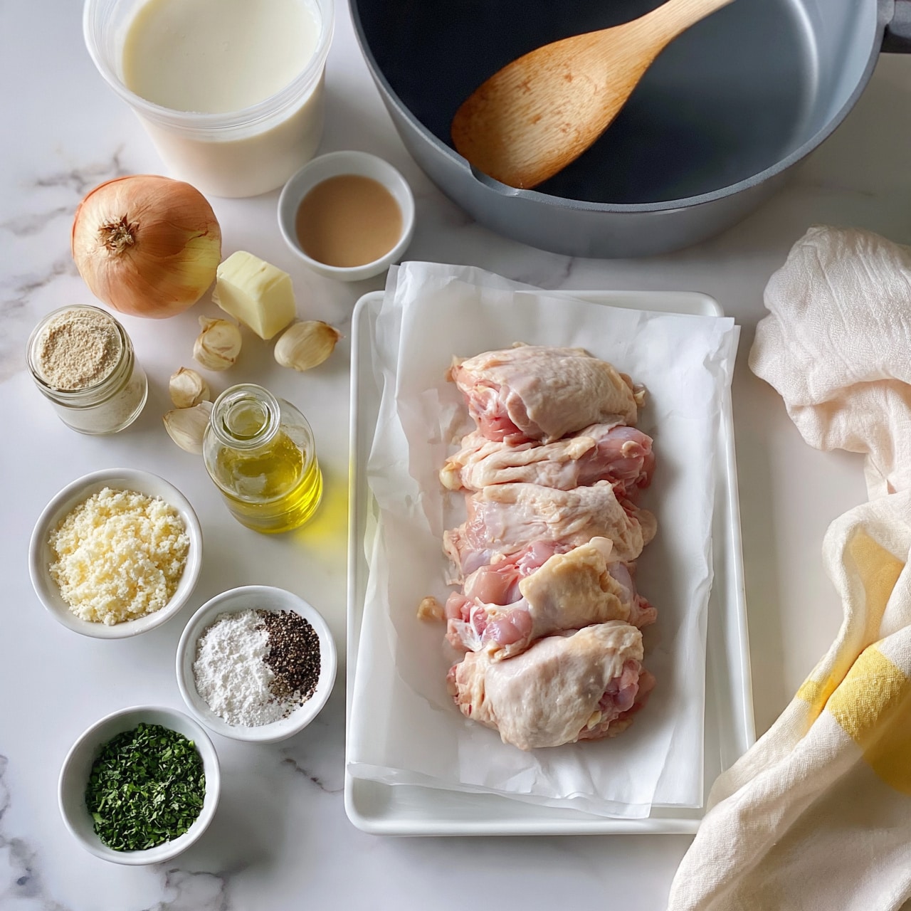 square image The image shows raw chicken pieces placed on white parchment paper on a white tray on the right side. Surrounding the tray, there are small white bowls with grated cheese, flour, chopped green herbs, and black pepper. A small glass bottle of yellow oil and a jar of garlic powder are also present. There is a whole onion, peeled garlic cloves, a block of butter, and a small bowl with light brown liquid. A container of heavy whipping cream is placed near the top left and a dark grey pan with a wooden spoon inside rests on a white marbled surface. A folded light-colored cloth with yellow accents is on the right edge. Photo taken with an iphone --ar 4:5 --v 7