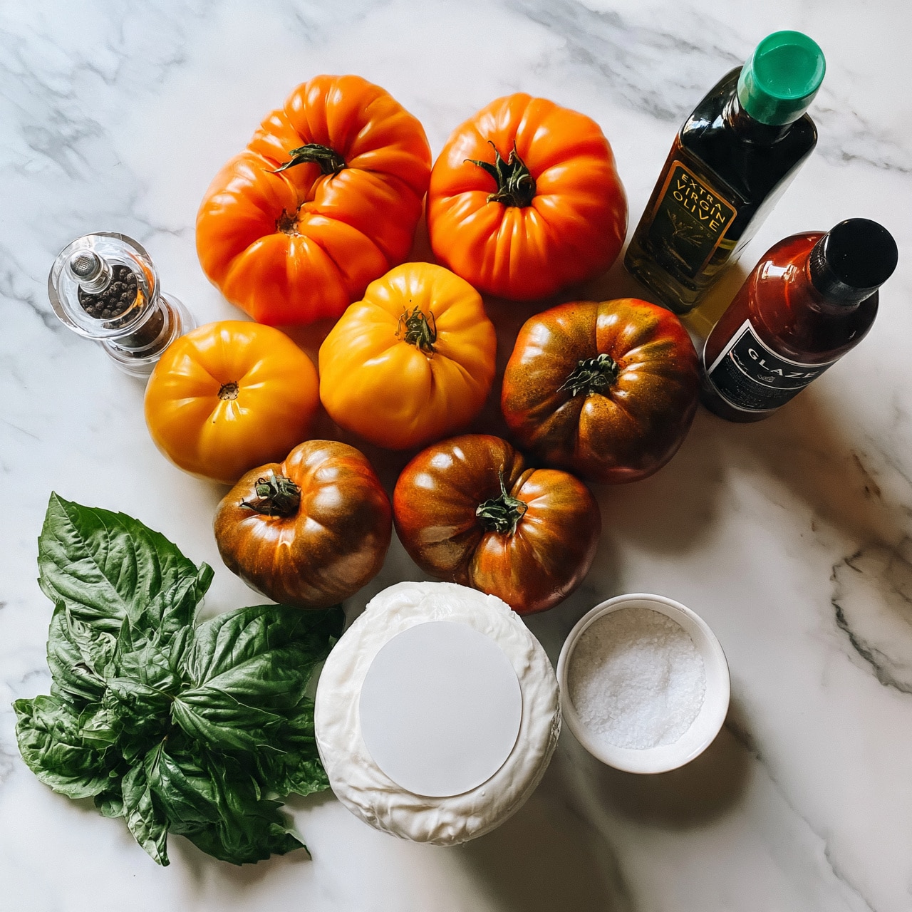 square image The image shows fresh tomatoes in different colors, including large orange, yellow, and brownish-red tomatoes arranged in a circle on a white marbled surface. Below them, a white container of burrata cheese is shown with a clean label, next to it is a small white bowl filled with salt. To the left are fresh green basil leaves with clear details of the veins and texture. To the right of the tomatoes are two bottles, one dark green labeled as extra virgin olive oil with a green cap, and one dark reddish bottle labeled glaze with a black cap. A transparent pepper grinder with black peppercorns inside is placed near the tomatoes to the left. The overall color palette is fresh natural fruits and herbs on a white marbled background. photo taken with an iphone --ar 4:5 --v 7