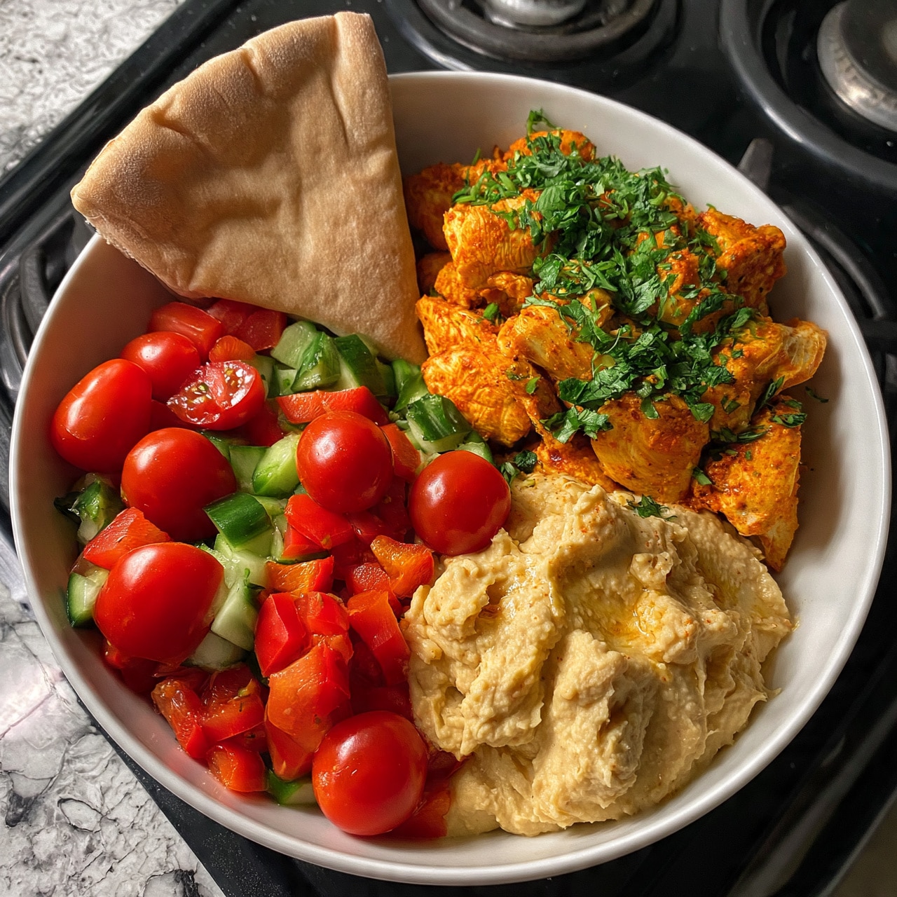 square image A white bowl filled with four main parts: in the top left corner, there is a triangular folded piece of pita bread with a light brown color and soft texture; next to it on the right, there are pieces of cooked chicken with an orange seasoning topped with chopped green herbs; below the chicken, there is a portion of creamy beige hummus with some texture; and to the left of the hummus, there is a fresh salad made of bright red cherry tomatoes, red bell pepper chunks, and green cucumber pieces. The bowl sits on a black stove top with a white marbled texture surface visible around it. photo taken with an iphone --ar 4:5 --v 7