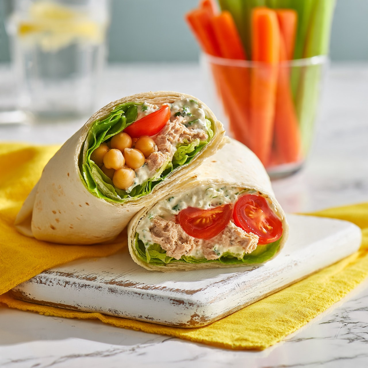 square image Two halves of a white flour wrap are placed on a white wooden board with a slight distressed look, resting on a bright yellow cloth on a white marbled surface. The wrap is filled with layers starting from the inside: green lettuce leaves, small round chickpeas, creamy white spread with visible herbs, juicy red cherry tomato halves, and some light brown tuna chunks. Behind the wrap, there is a clear glass filled with upright carrot and celery sticks, and a clear glass of water with lemon slices is faintly visible in the background. The colors are fresh and bright, showing the soft texture of the wrap and crisp, fresh vegetables. Photo taken with an iphone --ar 4:5 --v 7