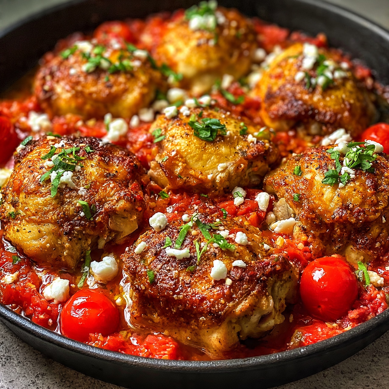 square image The image shows a black pan filled with six pieces of golden brown cooked chicken thighs, arranged closely together in a single layer. Around the chicken, there is a bright red chunky tomato sauce with visible whole and crushed cherry tomatoes. Scattered on top of the chicken and sauce are small white chunks of cheese, some crumbled, along with fresh green herb leaves placed evenly across the dish for a pop of color. The overall look is vibrant with warm tones and a mix of smooth and rough textures. Photo taken with an iphone --ar 4:5 --v 7