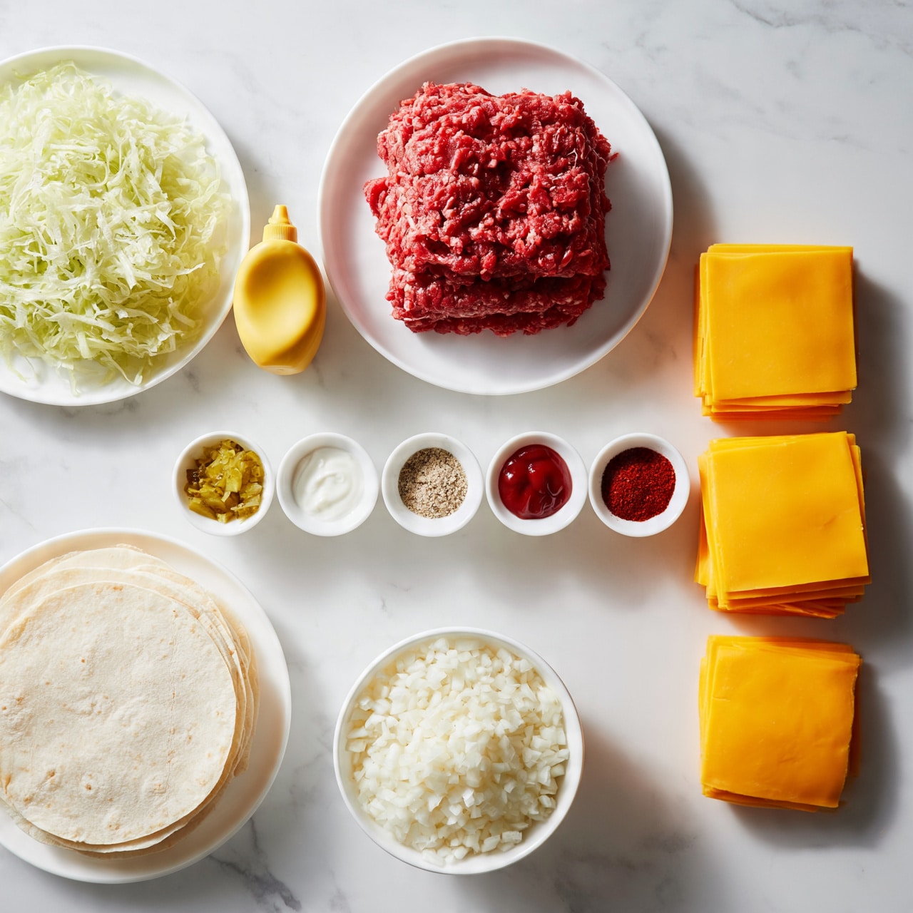 square image The image shows various ingredients for a burger laid out on a white marbled surface. There is a white plate with light green shredded lettuce on the top left, and next to it, a yellow mustard bottle. Above the center is a white plate holding a stack of raw red ground meat. Below the meat, there are five small white bowls arranged in a row containing finely chopped pickles, white sauce, dry seasoning mix, ketchup, and red chili powder. At the bottom left, a white plate holds a stack of pale tortillas or flatbreads. Near the bottom center, there is a bowl of finely chopped white onions. To the right, four bright orange square slices of cheese are neatly stacked. The whole setup appears clean and neatly arranged. Photo taken with an iphone --ar 4:5 --v 7