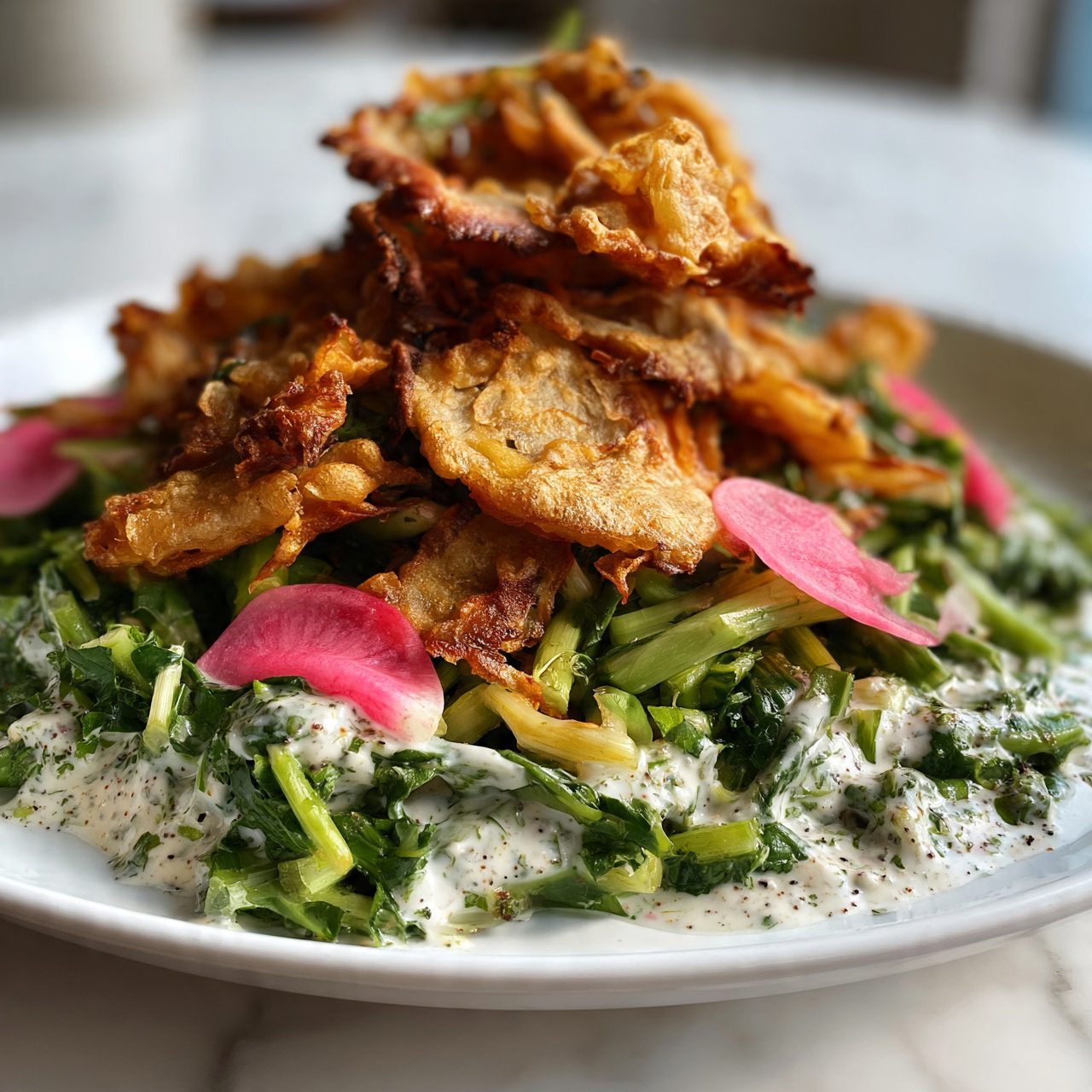square image The dish shows a mix of warm, crispy golden-brown pieces layered on top of a creamy white sauce that coats a bed of fresh green herbs and vegetables. Thin slices of bright pink radishes add pops of color among chopped green stalks and leaves, all held together by the speckled white sauce dotted with herbs. The crispy pieces have a rough, uneven texture with some browned edges and cover parts of the salad below. The plate is white and sits on a white marbled surface. photo taken with an iphone --ar 4:5 --v 7