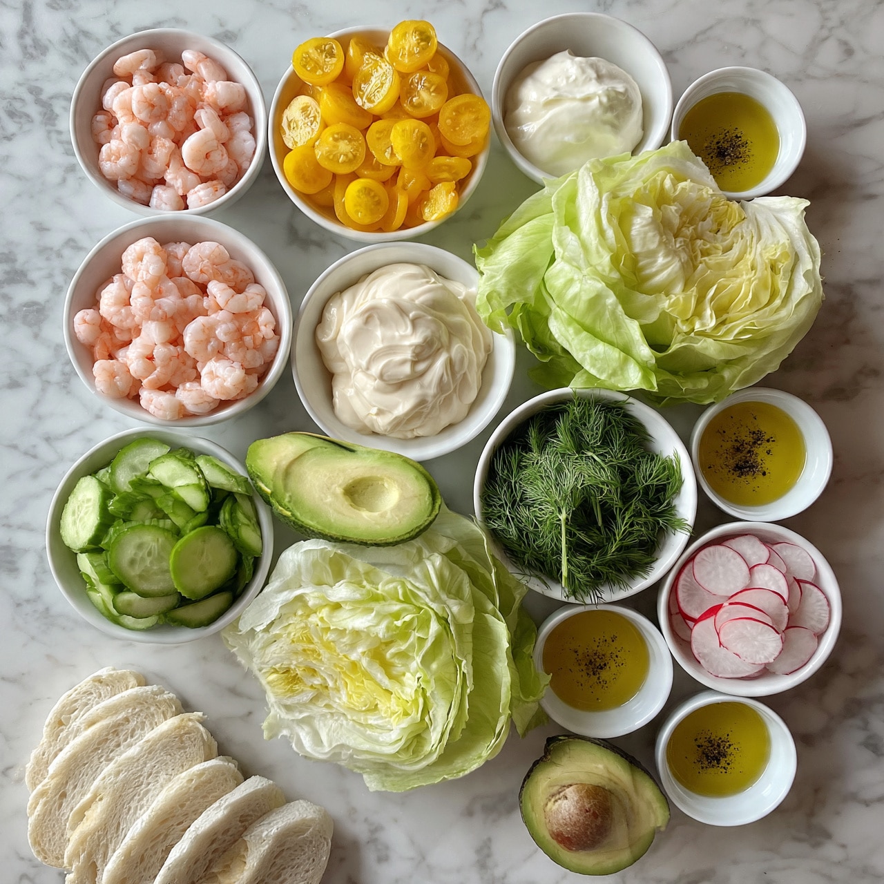 square image The image shows a flat layout of ingredients arranged neatly on a white marbled surface. There are eleven white bowls filled with different items: one with small pink cooked shrimp, one with yellow cherry tomatoes sliced in halves, one with thick mayonnaise, one with fresh green dill, one with sliced green cucumbers, one with thinly sliced radishes, and three smaller bowls filled with olive oil and pepper. Two heads of light green leafy lettuce and half an avocado with a visible pit are placed among the bowls. At the bottom left, slices of white bread rest directly on the marbled surface. The colors include soft greens, pinks, yellows, and creamy whites, all in an orderly and fresh presentation photo taken with an iphone --ar 4:5 --v 7
