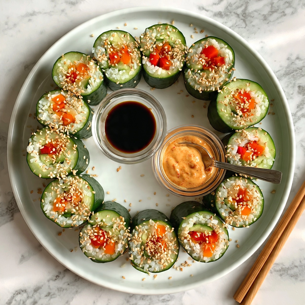 square image A white plate holds a circle of cucumber sushi rolls, each roll made of thick cucumber slices filled with white rice, orange carrot pieces, and red bell pepper, topped with light brown sesame seeds. In the center of the plate, two small glass bowls hold dipping sauces: one with dark soy sauce and the other with a creamy orange sauce with a small spoon. The plate is on a white marbled surface, and a pair of wooden chopsticks lies next to the plate. Photo taken with an iphone --ar 4:5 --v 7