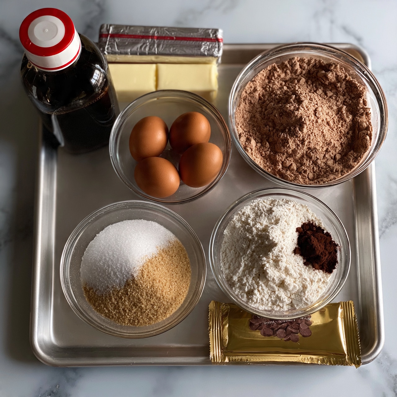 square image The image shows a flat silver metal tray holding several cooking ingredients on a white marbled surface. On the top left is a dark glass bottle with a red and white cap filled with a dark liquid. Near the center left is a clear glass bowl holding four brown eggs. Next to it on the right is a larger clear glass bowl filled with light brown powder, likely cocoa. Below the eggs is another clear glass bowl with a mix of white granulated sugar and light brown sugar. To the right of this is another clear glass bowl containing white flour with a small pile of dark brown powder on one side. At the bottom right of the tray is a flat gold packet of chocolate chip semi-sweet baking pieces. On the top left are two wrapped sticks of butter placed side by side. The setup is neat and well lit, with the different textures and colors of the ingredients clearly visible, all set on the silver tray and white marbled surface photo taken with an iphone --ar 4:5 --v 7