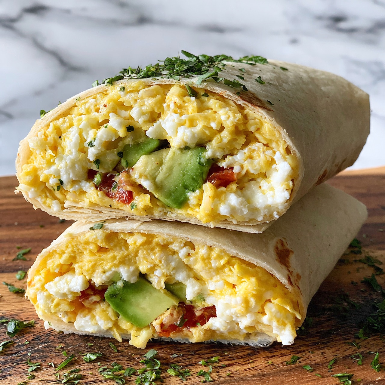 square image The image shows a close-up of a sliced wrap placed on a wooden surface with a white marbled background. The wrap is cut into two halves stacked on each other, revealing multiple layers inside. The outer layer is a light beige soft tortilla. Inside, there is a thick layer of yellow scrambled eggs mixed with white cheese curds. Interspersed in the filling are bright green chunks of avocado and small pieces of red tomato. The wrap is topped with finely chopped green herbs scattered on and around it. Photo taken with an iphone --ar 4:5 --v 7