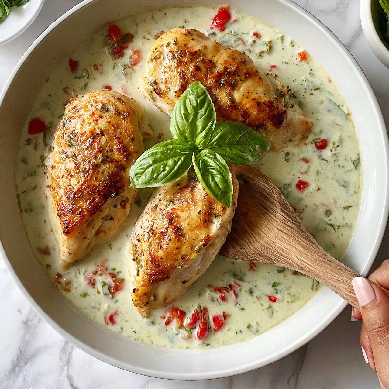 square image In a white pan, there are four cooked chicken pieces with light golden brown sear marks on top, sitting in a creamy sauce that has small red tomato pieces and green herbs scattered throughout. The sauce is pale greenish-white, creamy in texture, and covers the bottom of the pan around the chicken. Bright fresh green basil leaves are placed on top of the chicken and sauce, adding fresh color. A wooden spatula is under one chicken piece with a woman's hand holding the handle. The pan is on a white marbled surface, and a small white bowl with greens sits nearby. Photo taken with an iphone --ar 4:5 --v 7