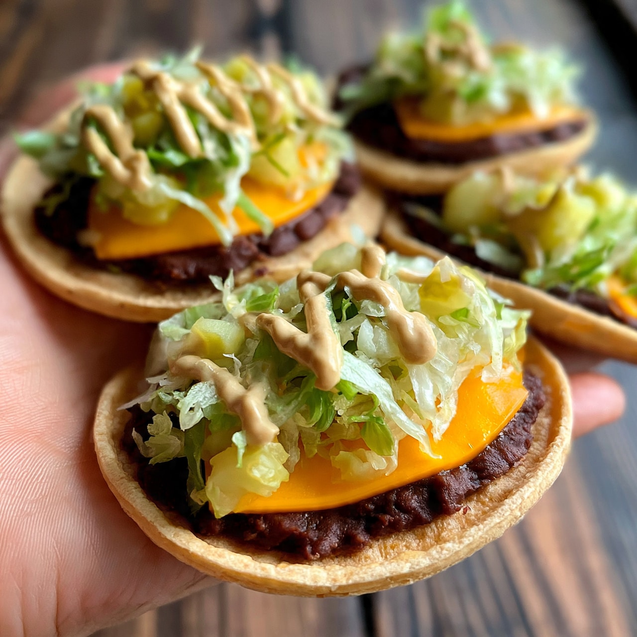 square image The image shows four small round flat tacos held by a woman's hand above a wooden surface. Each taco has a light brown soft shell as the base, topped with a layer of dark brown refried beans spread evenly. On top of the beans, there is a slice of bright orange-yellow melted cheese. Above the cheese, there is a layer of shredded light green lettuce and small pieces of pale green pickles. A light beige sauce is drizzled in a zigzag pattern on top, adding contrast to the green and orange layers. Photo taken with an iphone --ar 4:5 --v 7
