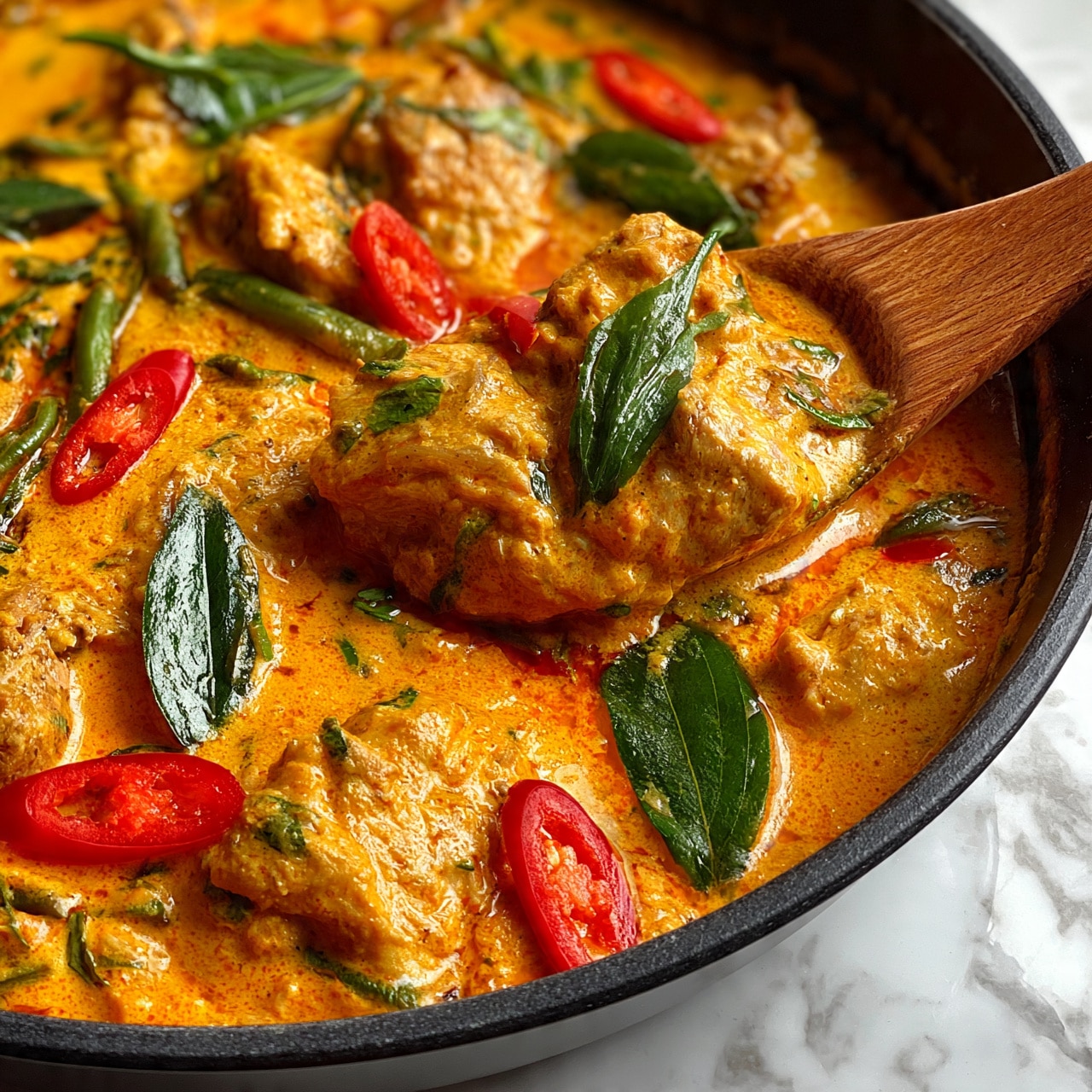 square image A close-up view of a rich, creamy curry served in a black pan resting on a white marbled surface. The curry has a thick orange sauce with visible textures of tender chunks of meat, possibly chicken. Scattered throughout the curry are fresh green leaves and slices of bright red chili peppers, adding color contrast. A wooden spoon is partially submerged in the curry, lifting some of the pieces and sauce. The sauce looks smooth and slightly oily on top, with small green beans and herbs mixed in, giving a fresh, vibrant look. photo taken with an iphone --ar 4:5 --v 7